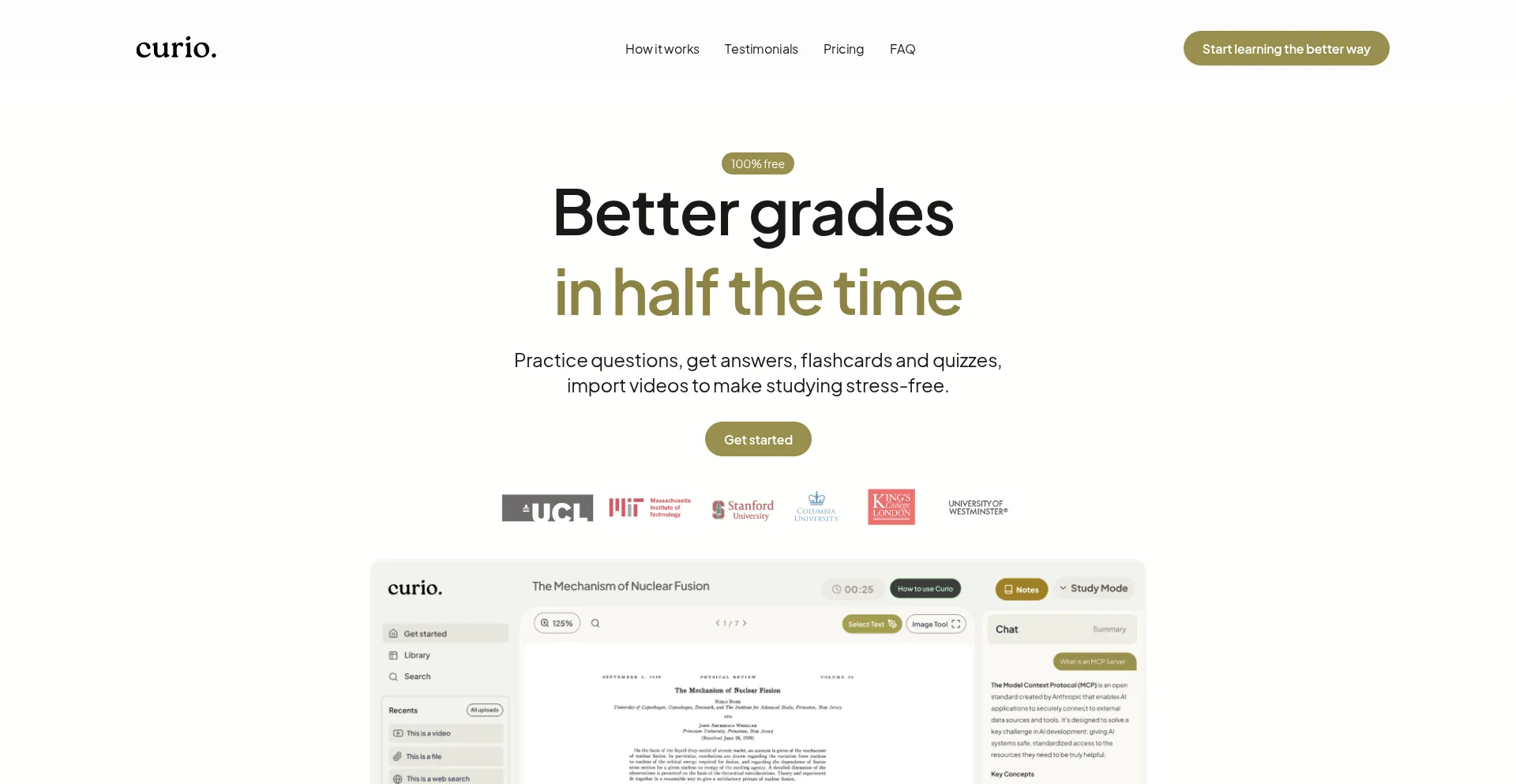 Website screenshot of Trycurio.ai