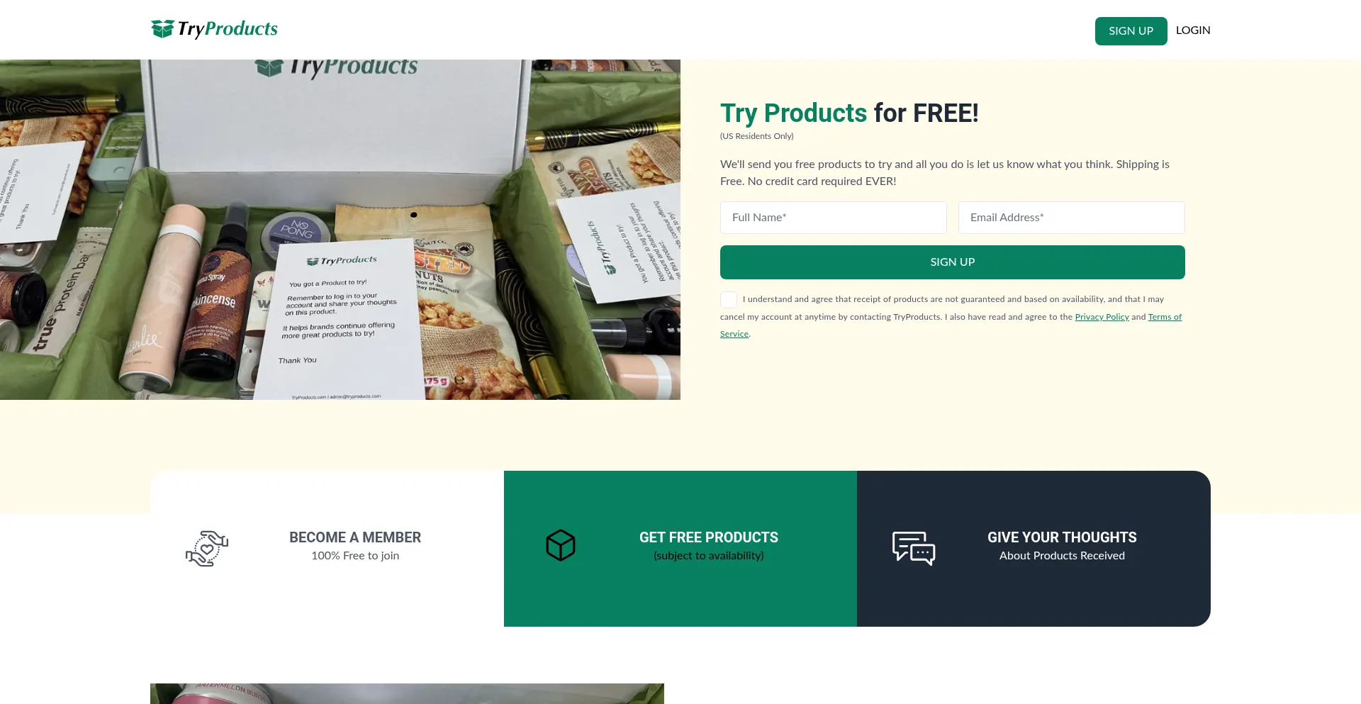 Website screenshot of Tryproducts.com