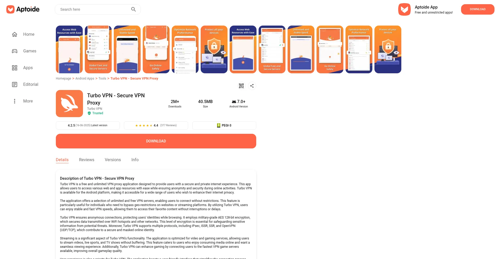 Website screenshot of Turbo-vpn.en.aptoide.com