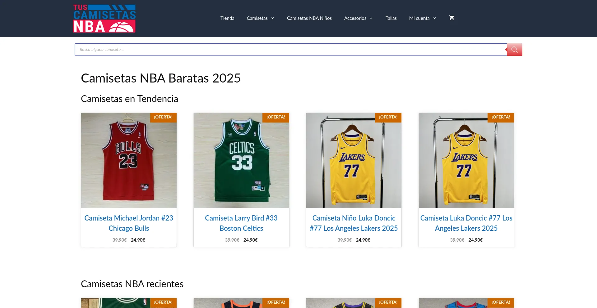 Website screenshot of Tuscamisetasnba.com