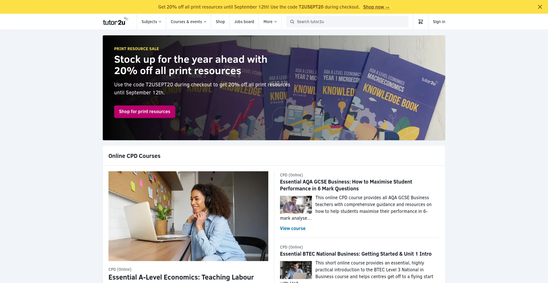 Website screenshot of Tutor2u.net