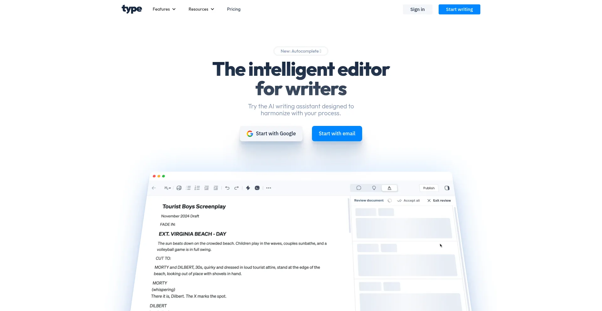 Website screenshot of Type.ai