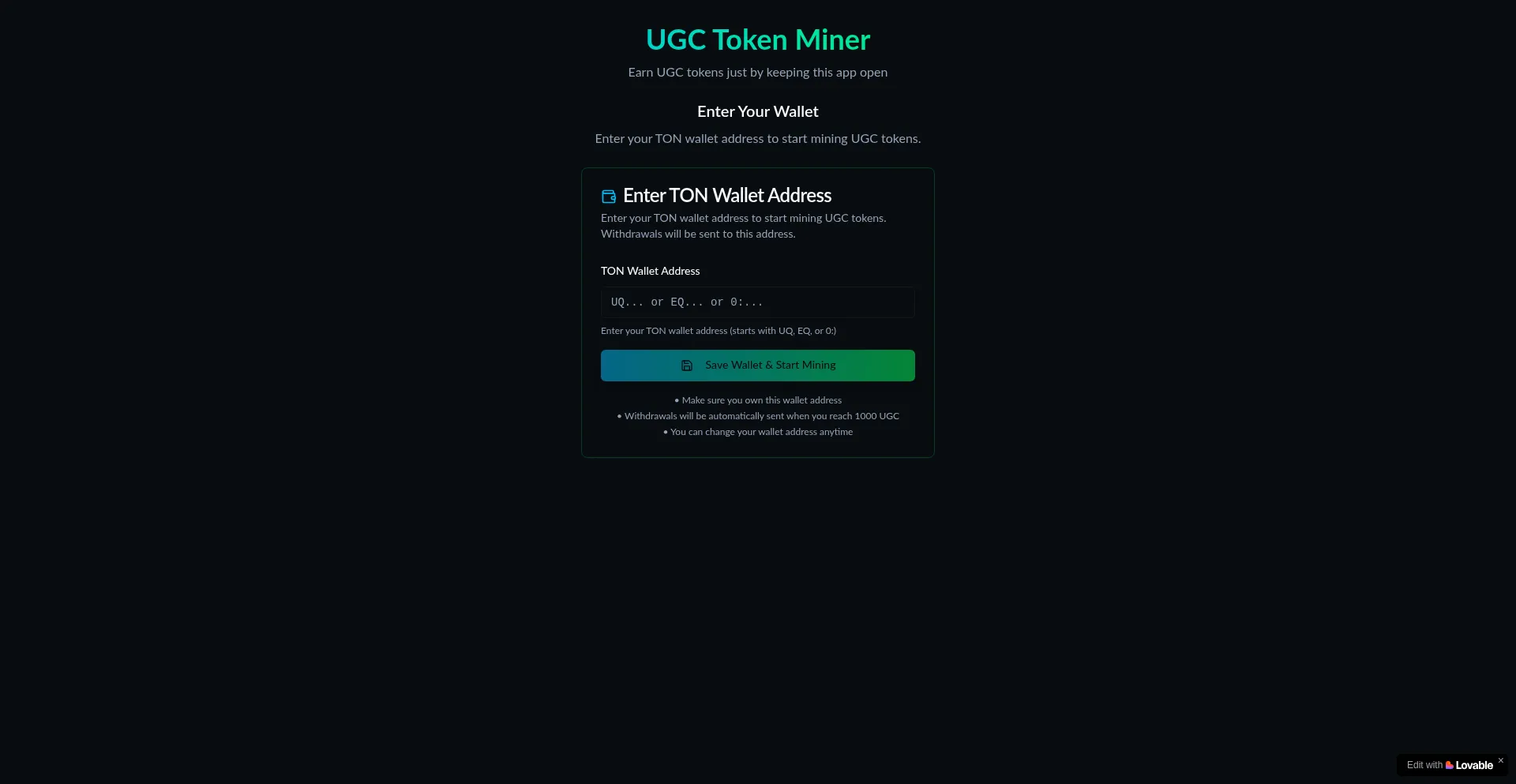 Website screenshot of Ugc-idle-miner.lovable.app