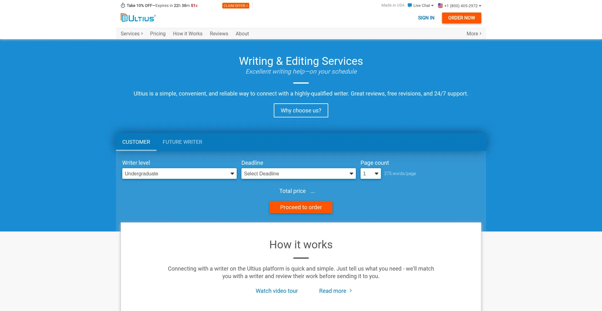 Website screenshot of Ultius.com