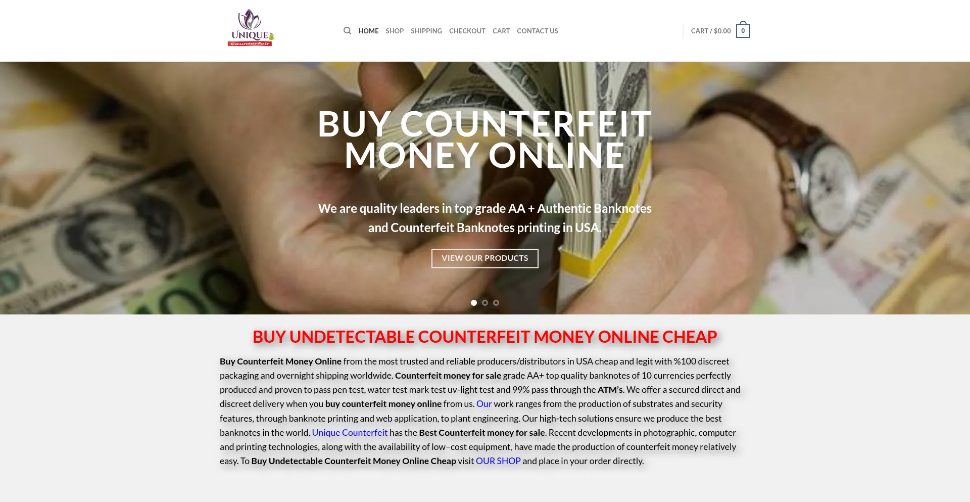 Website screenshot of Uniquecounterfeit.com