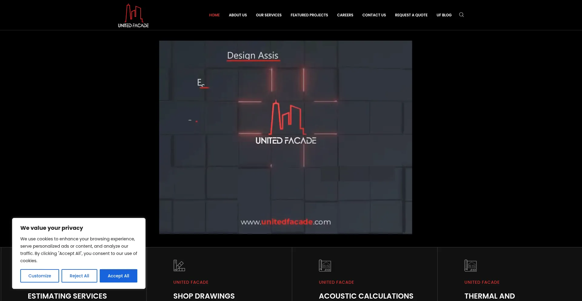 Website screenshot of Unitedfacade.com
