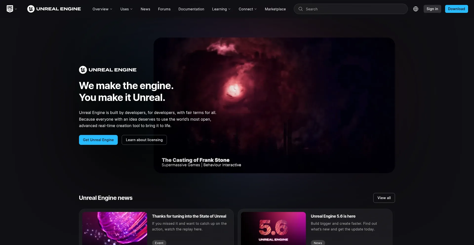 Website screenshot of Unrealengine.com