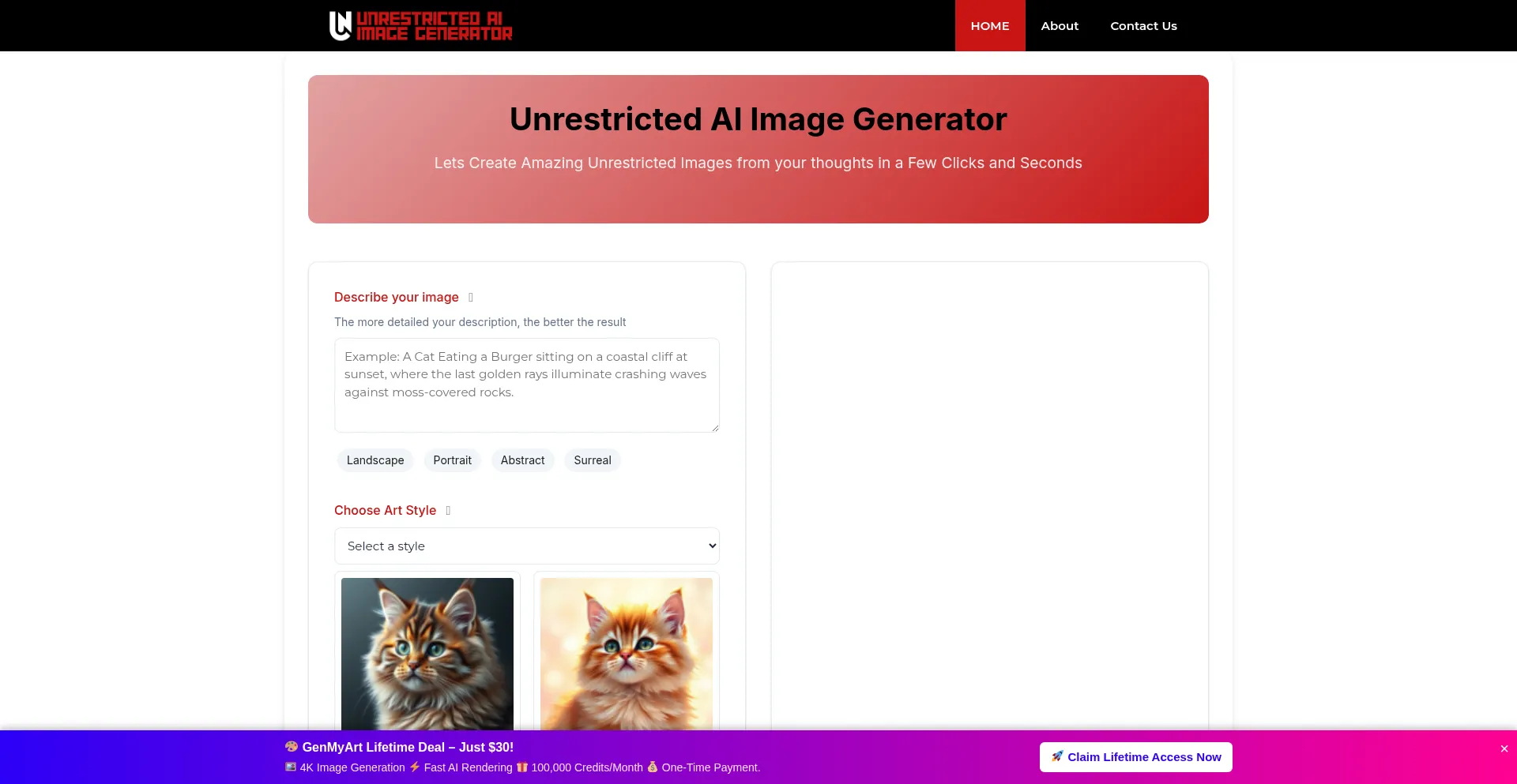 Website screenshot of Unrestrictedaiimagegenerator.com