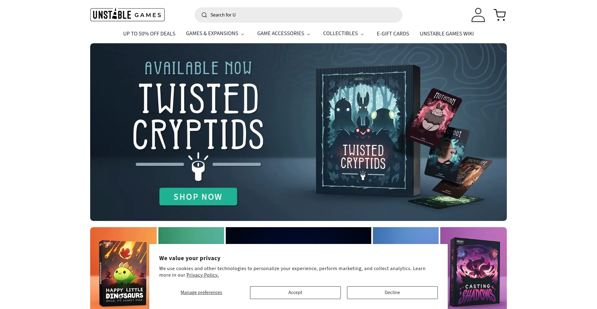 Website screenshot of Unstablegames.com