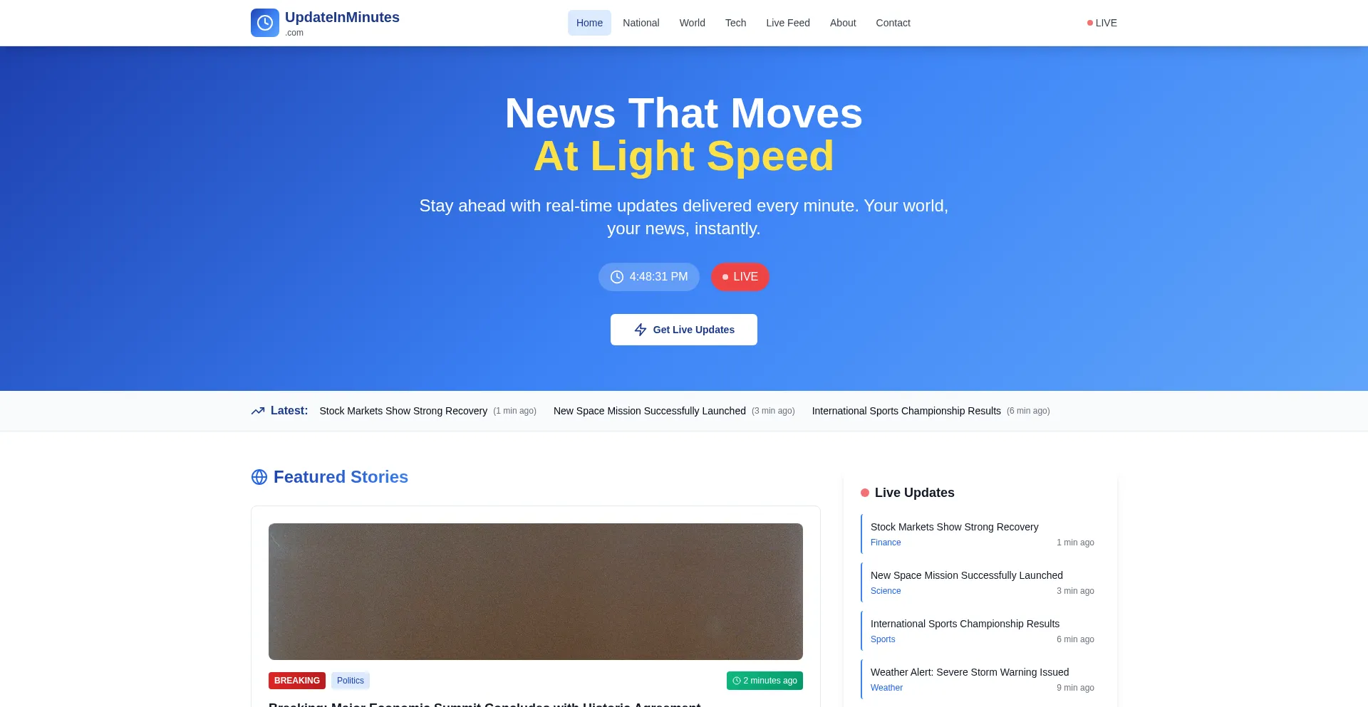 Website screenshot of Updateinminute.com