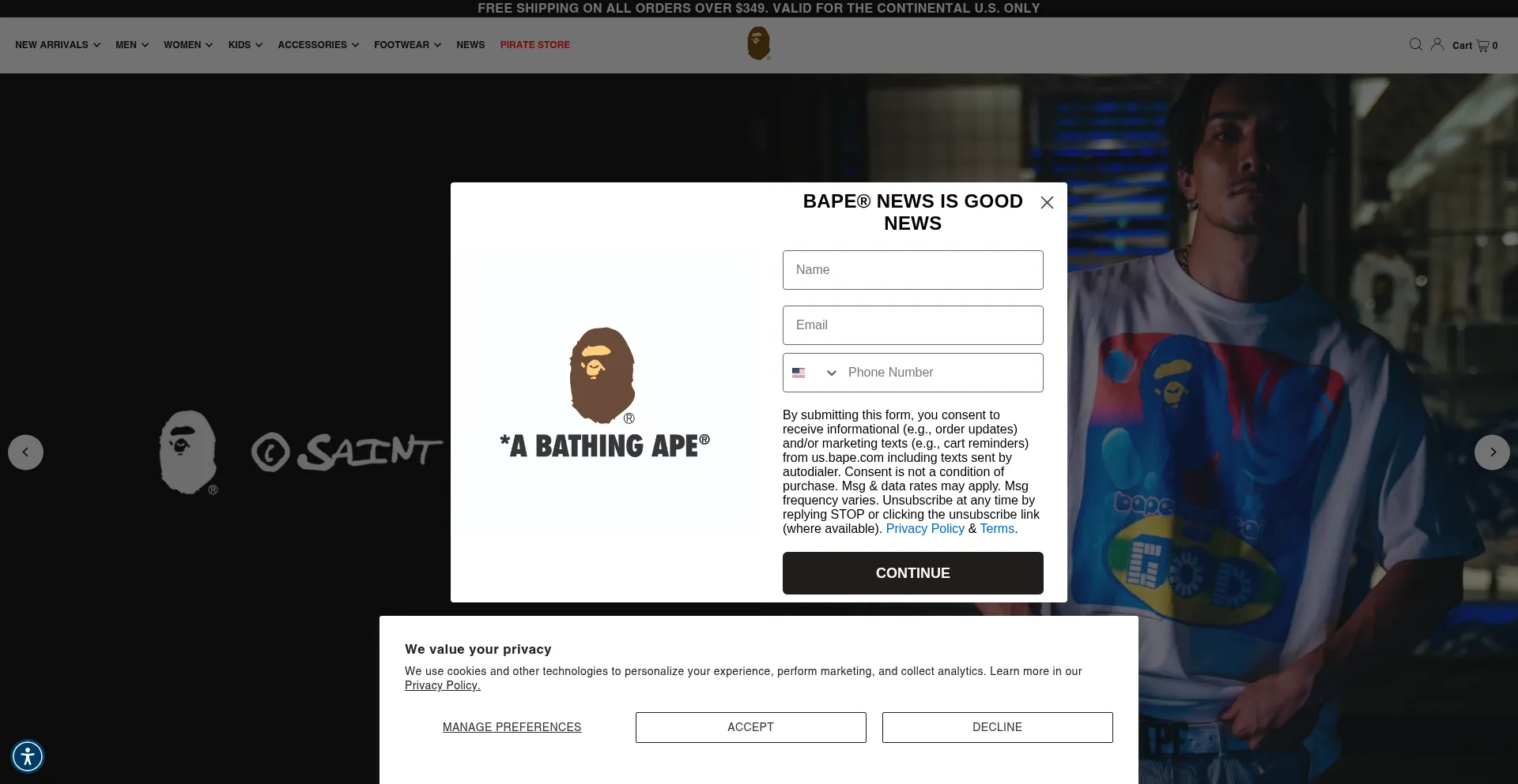 Website screenshot of Us.bape.com