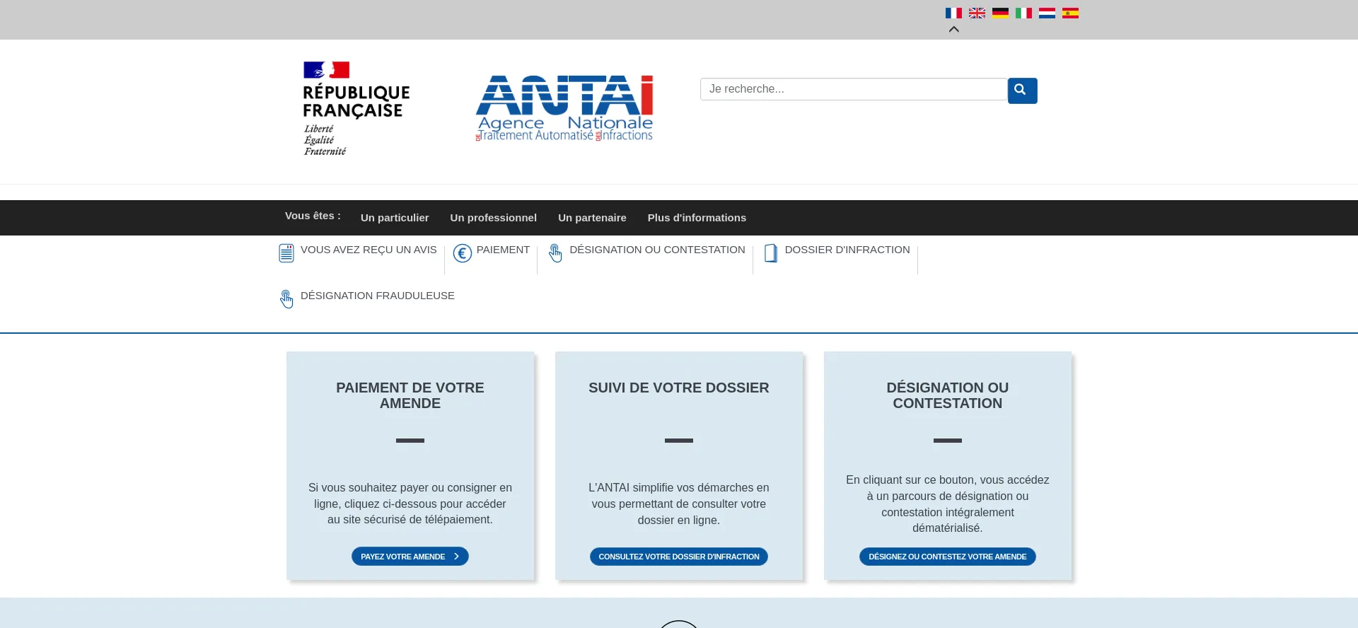 Website screenshot of Usagers.antai.gouv.fr