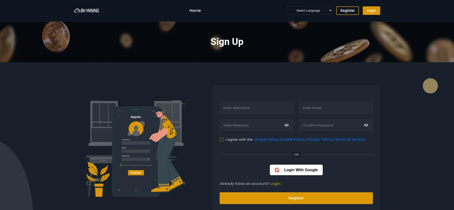 Website screenshot of User.bhmining.cloud