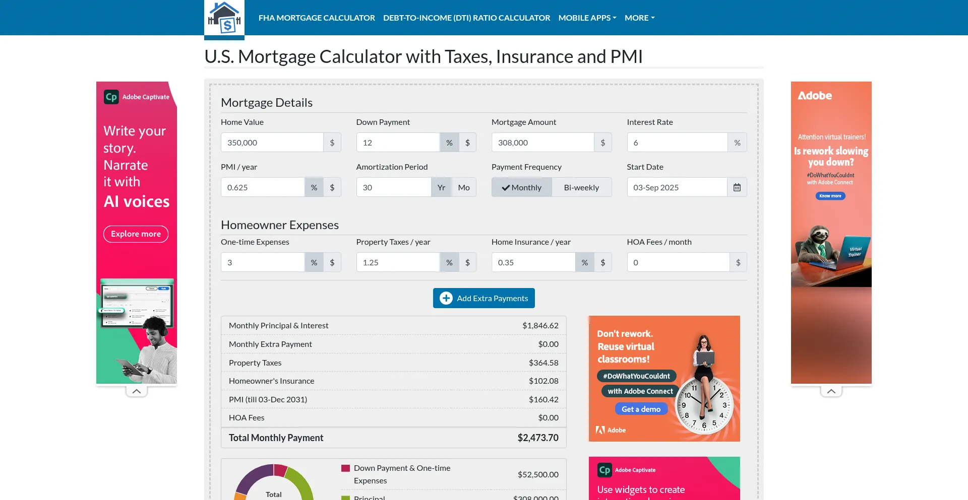 Website screenshot of Usmortgagecalculator.org