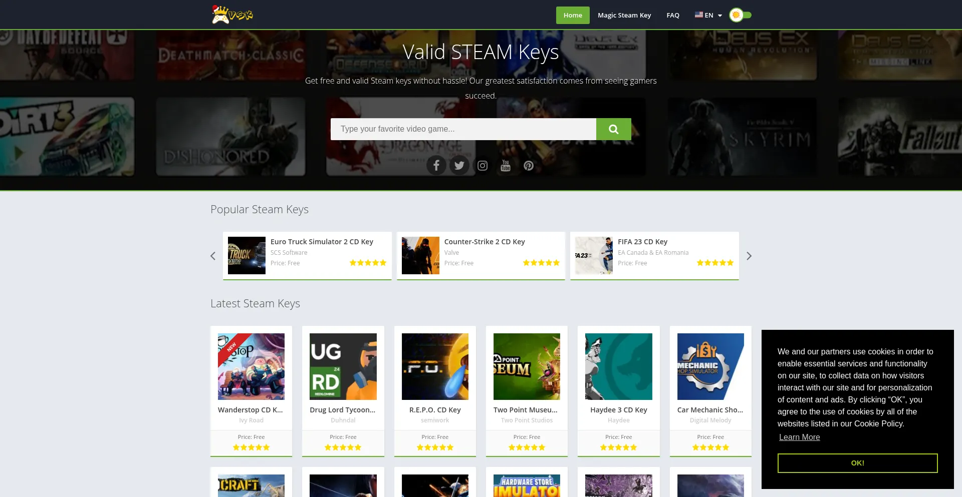 Website screenshot of Validsteamkeys.com