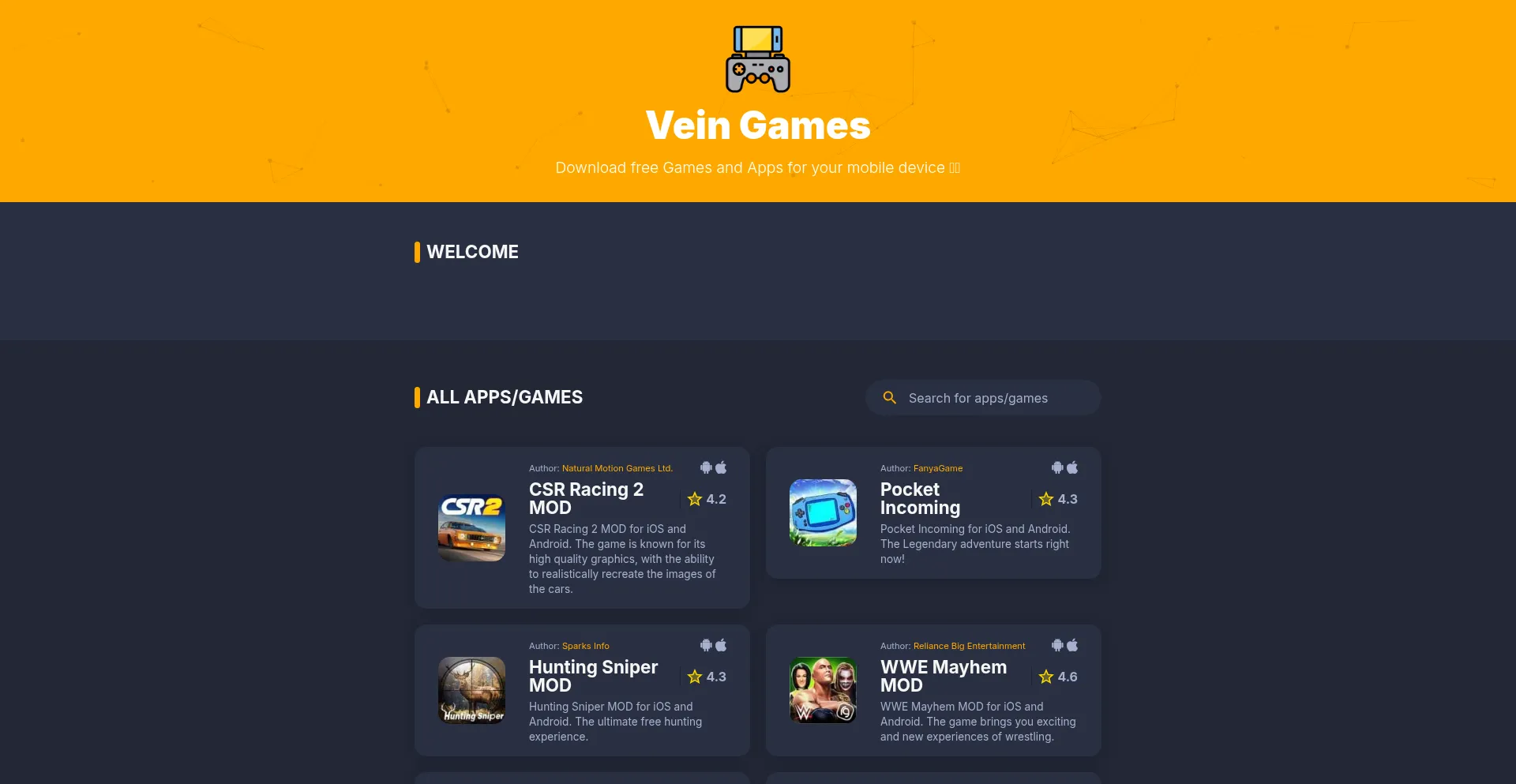 Website screenshot of Veingames.com
