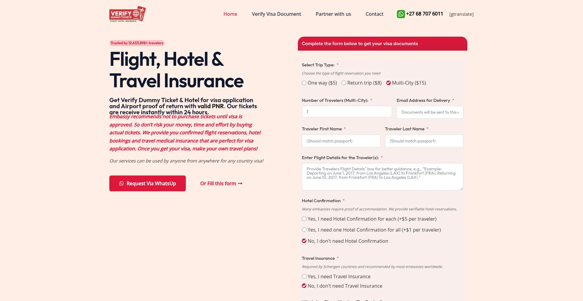 Website screenshot of Verifydummytickets.com