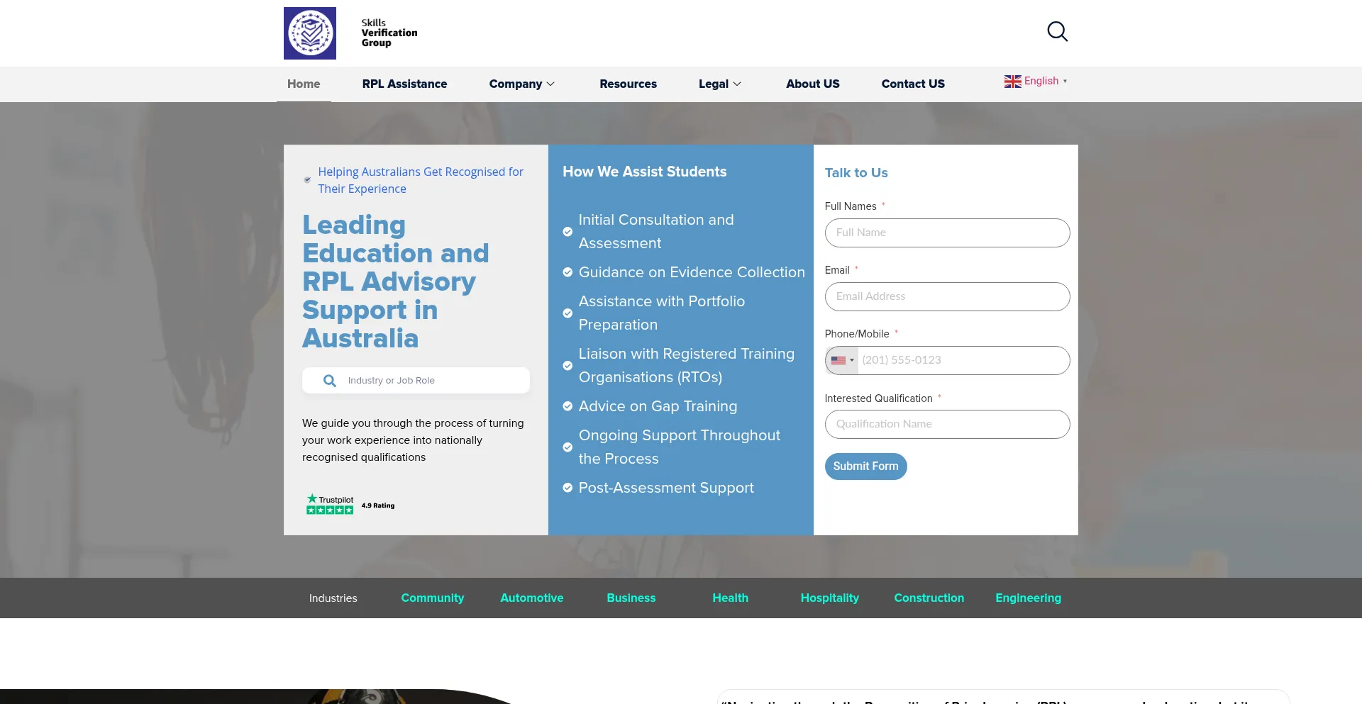 Website screenshot of Verifyskills.com.au