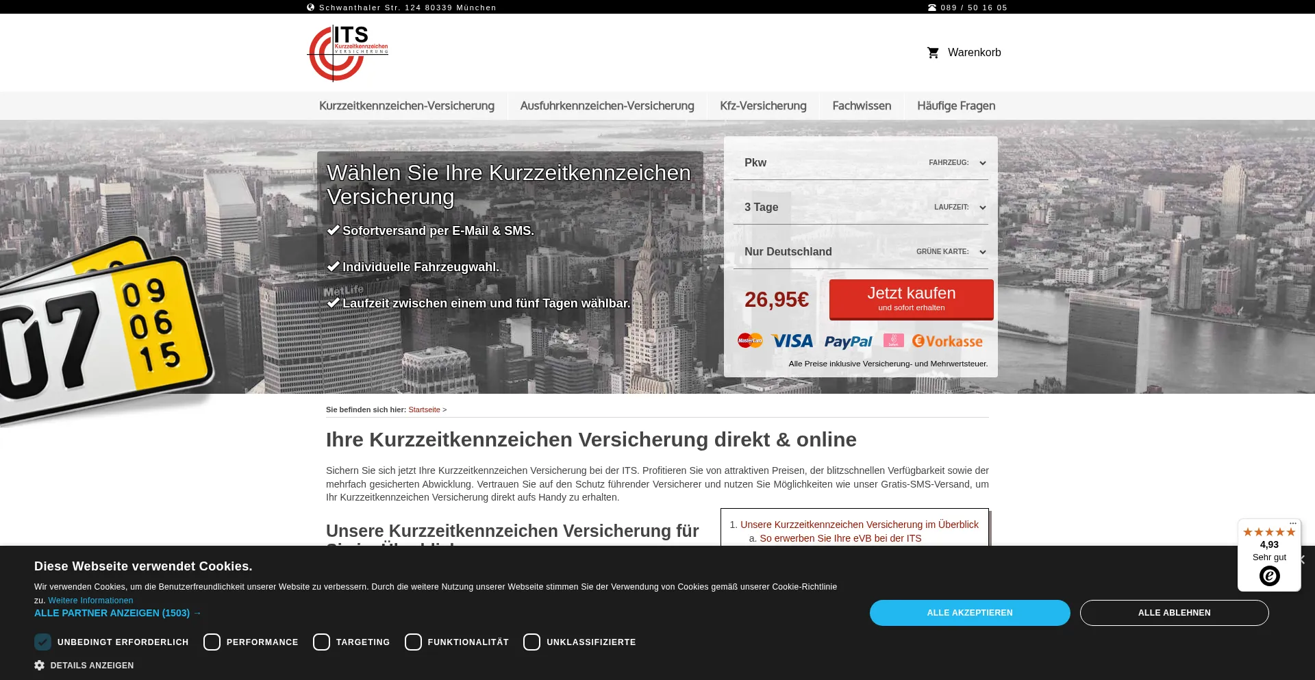 Website screenshot of Versicherung-kurzzeitkennzeichen.com