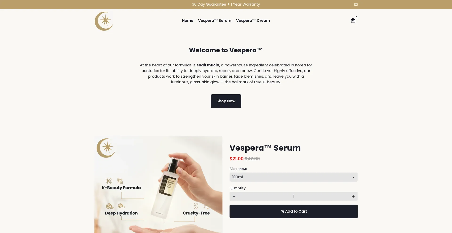Website screenshot of Vesperaskincare.com