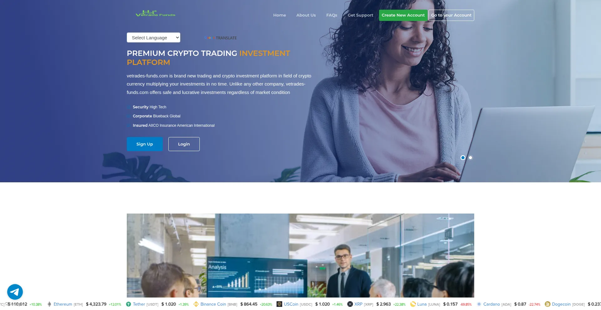Website screenshot of Vetrades-funds.com
