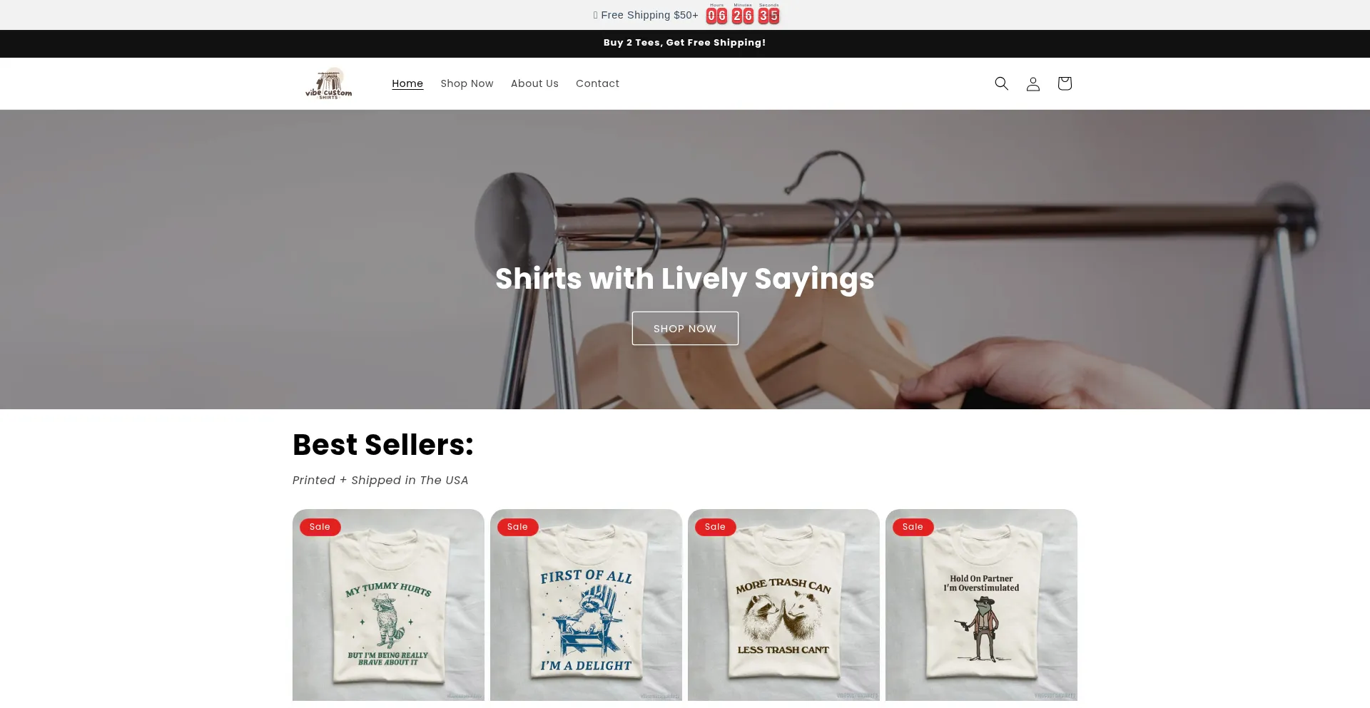 Website screenshot of Vibecustomshirts.com