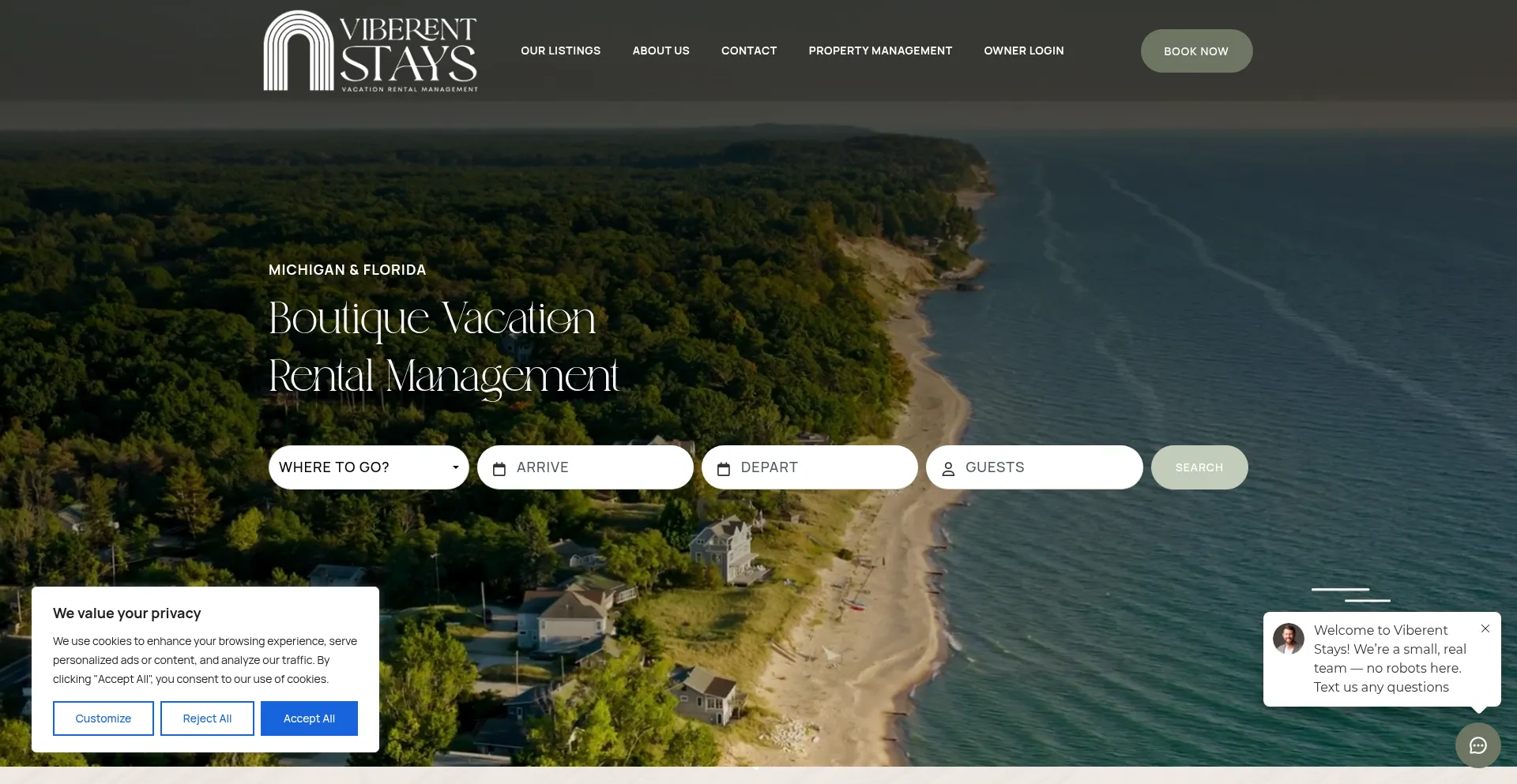Website screenshot of Viberentstays.com
