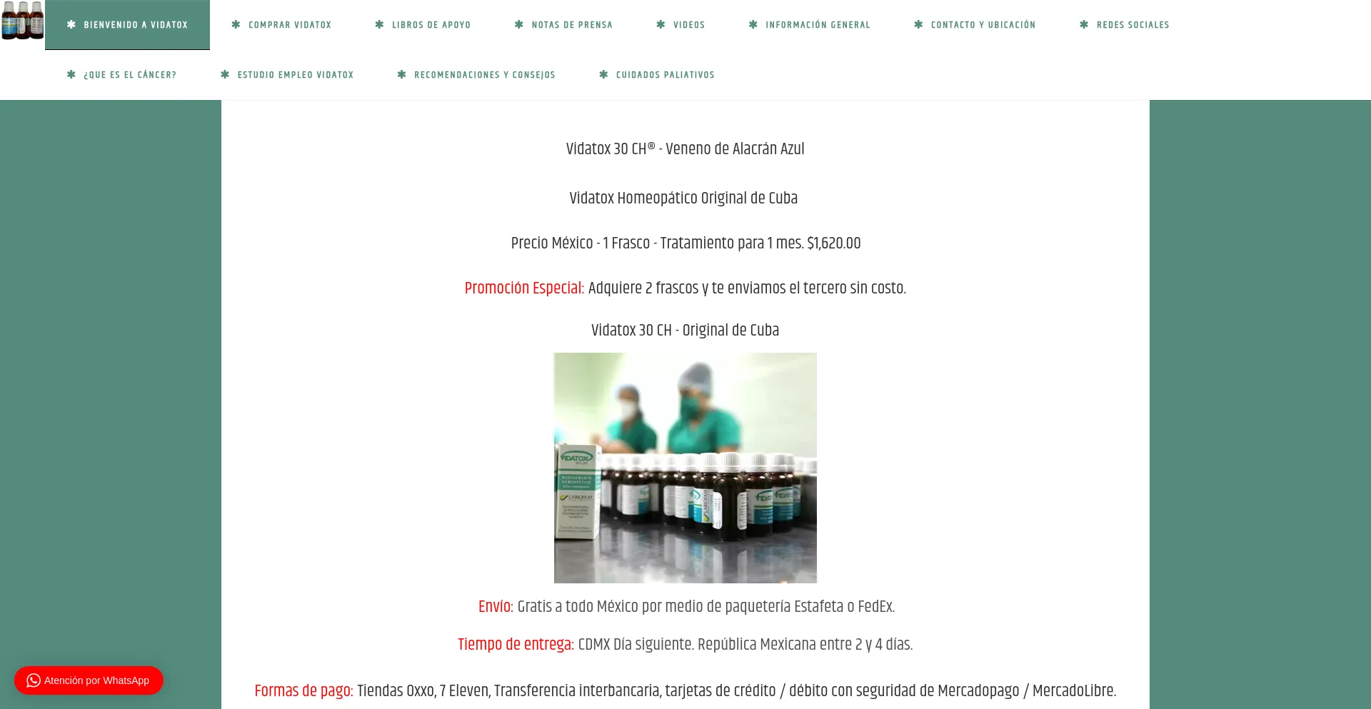 Website screenshot of Vidatox.com.mx