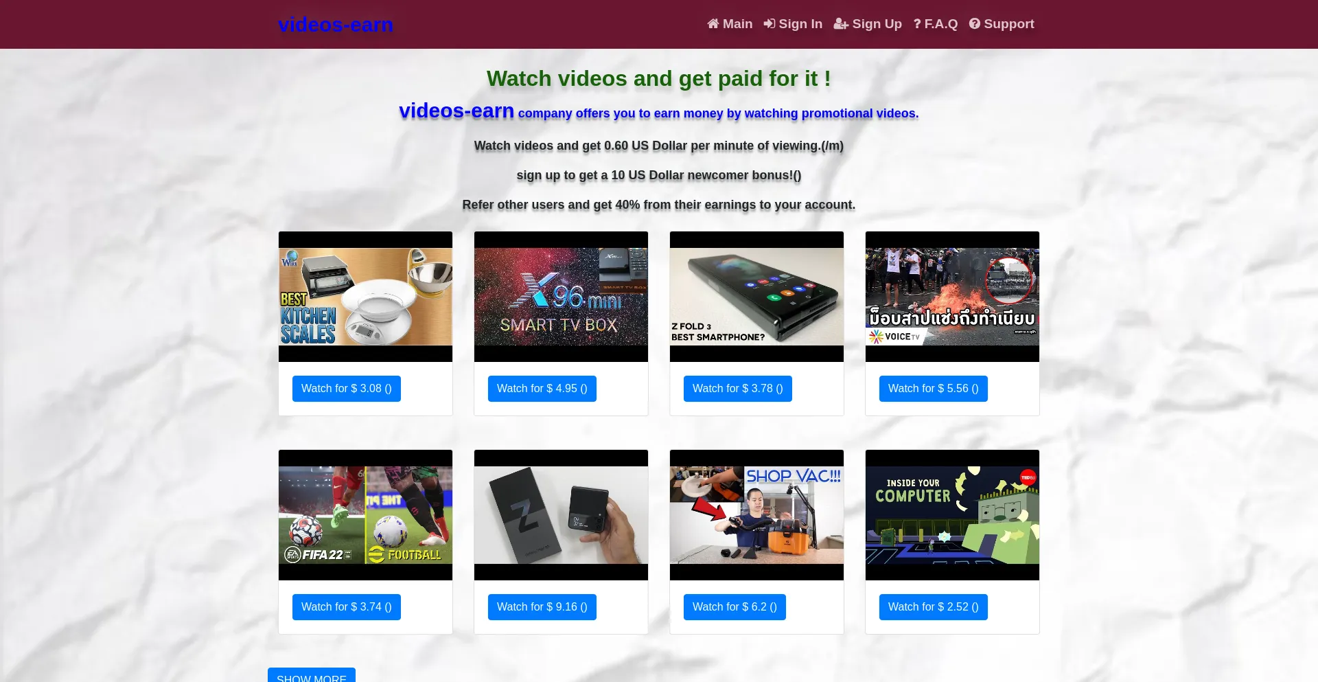 Website screenshot of Videos-earn.top