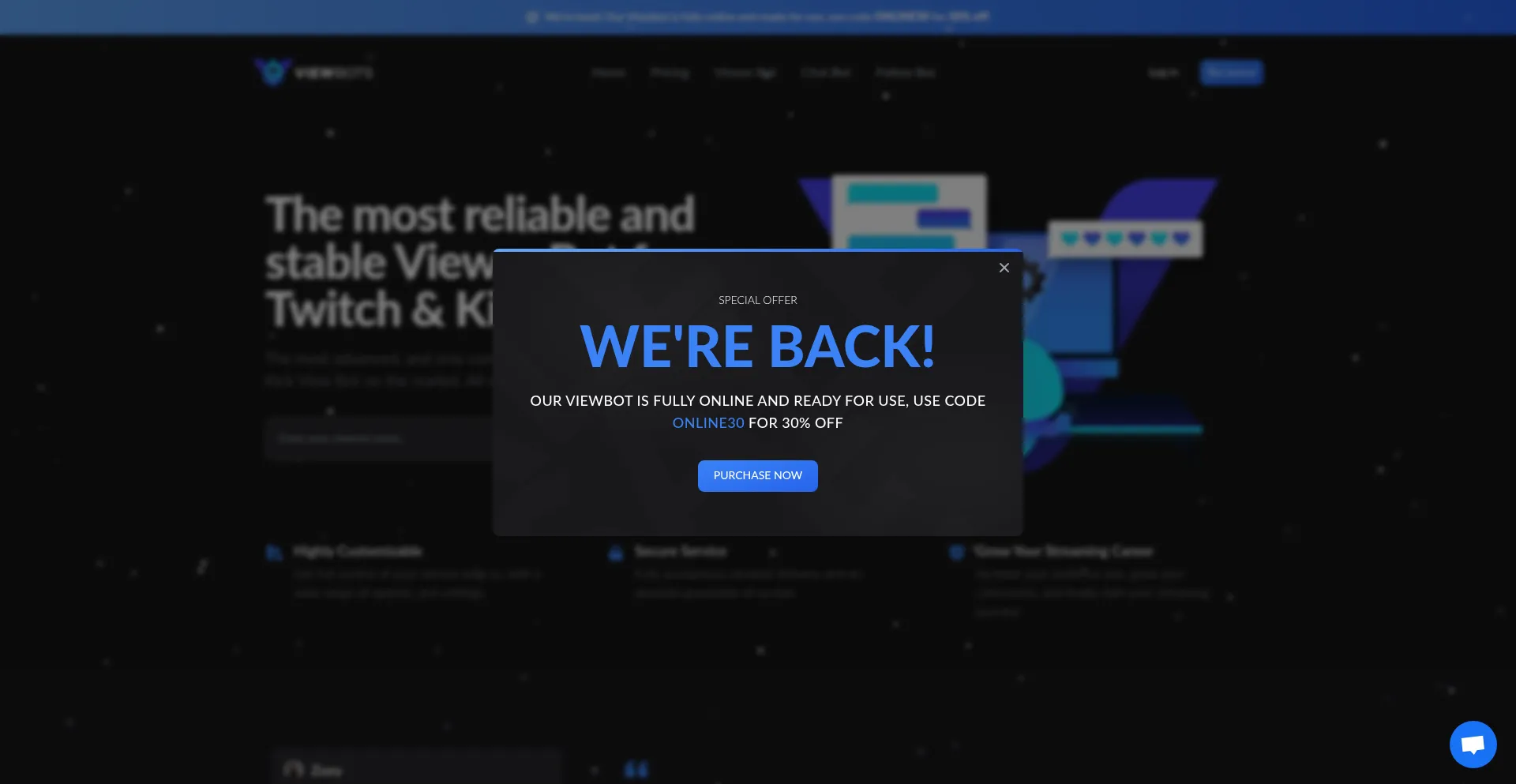 Website screenshot of Viewbots.com