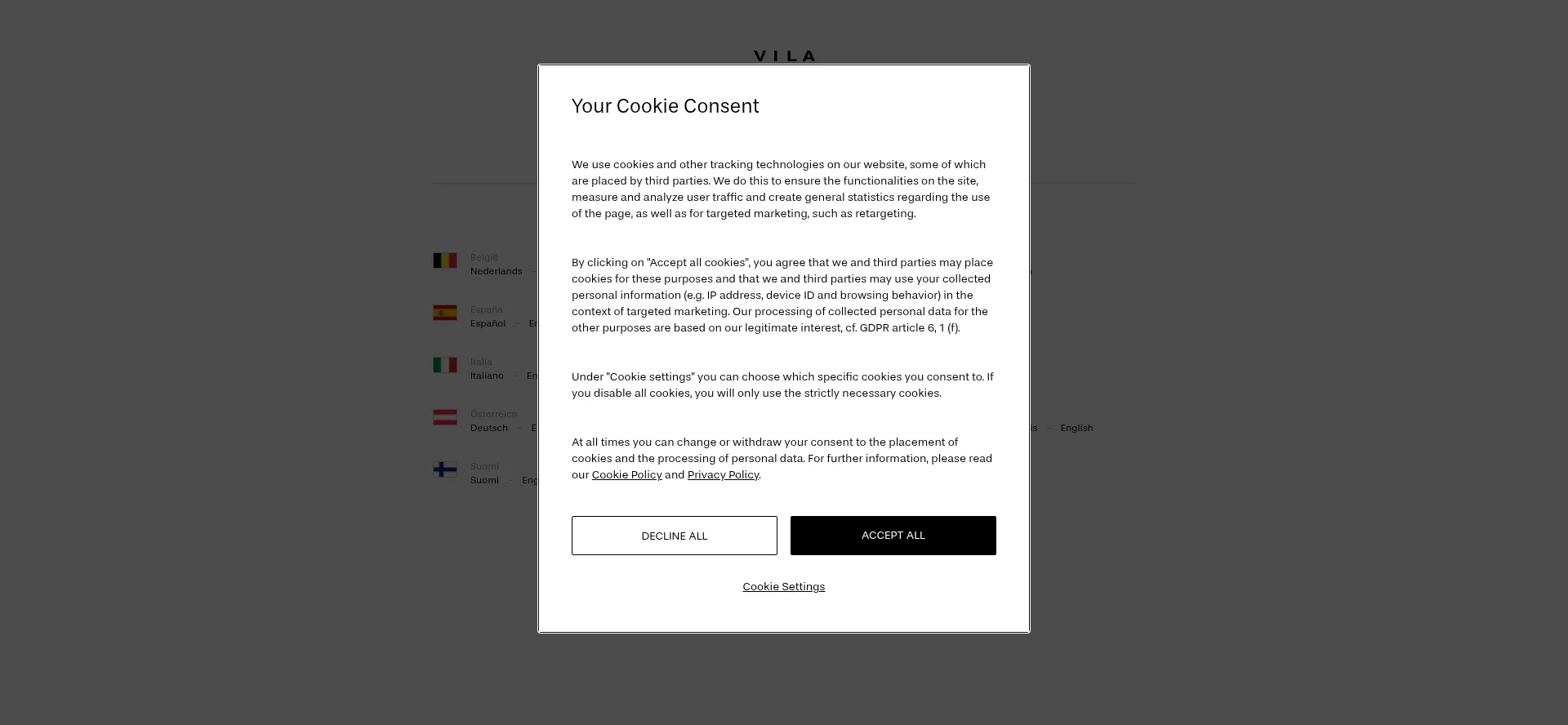 Website screenshot of Vila.com