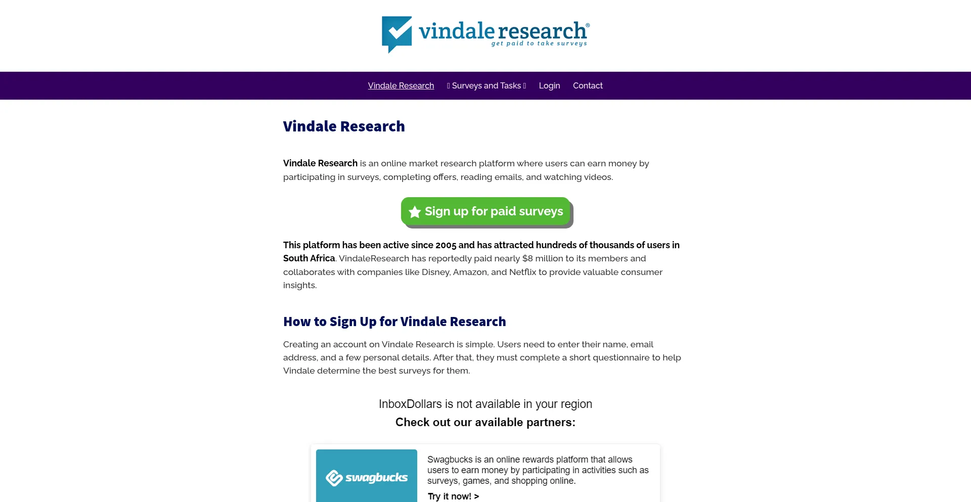 Website screenshot of Vindaleresearch.co.za