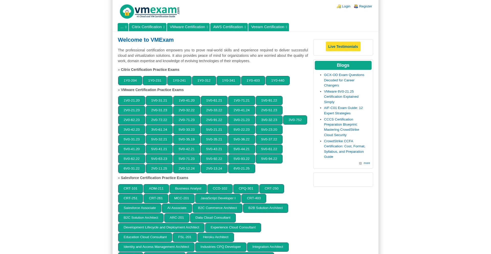 Website screenshot of Vmexam.com