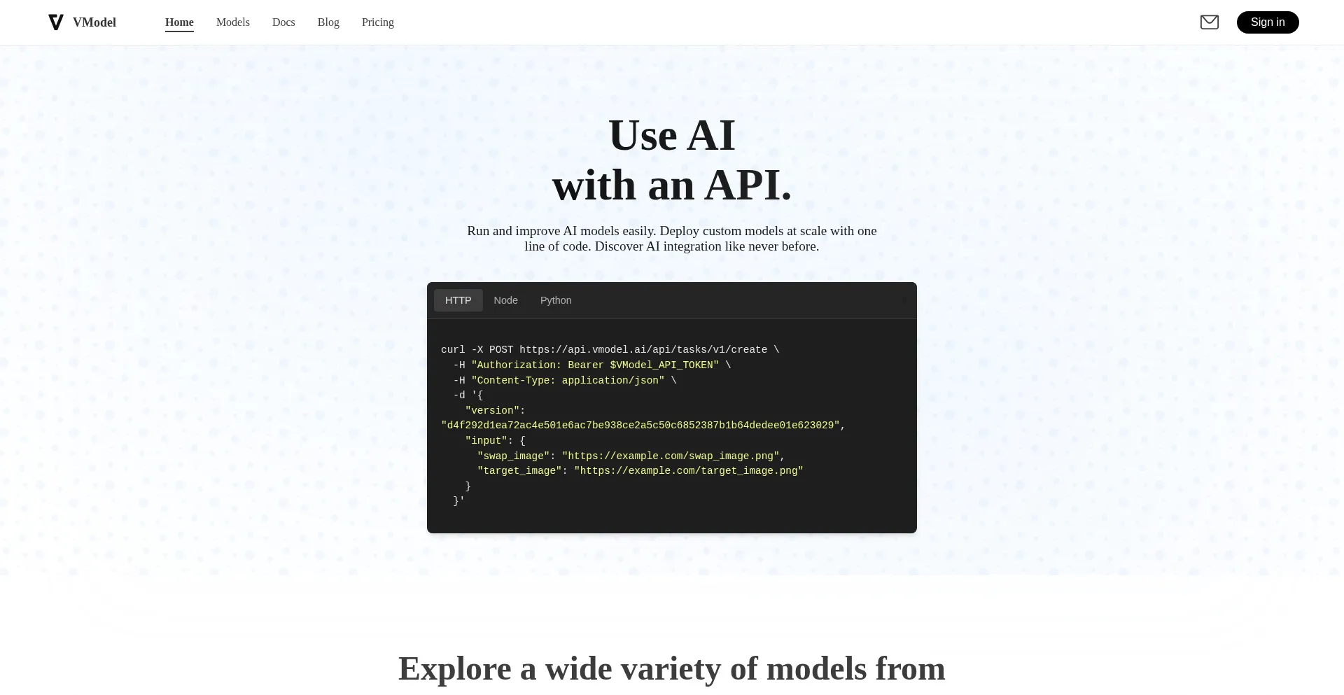 Website screenshot of Vmodel.ai