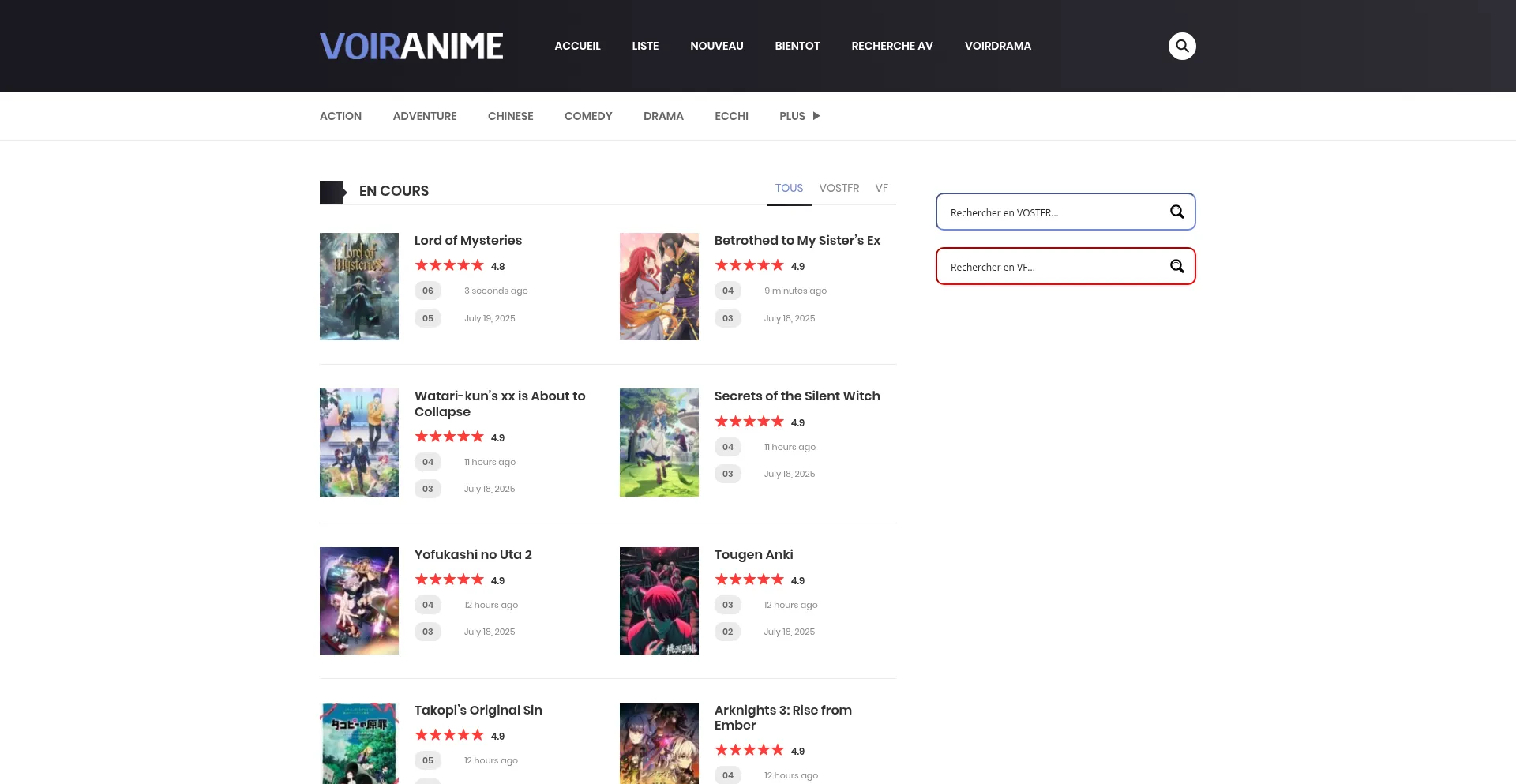 Website screenshot of Voiranime.com