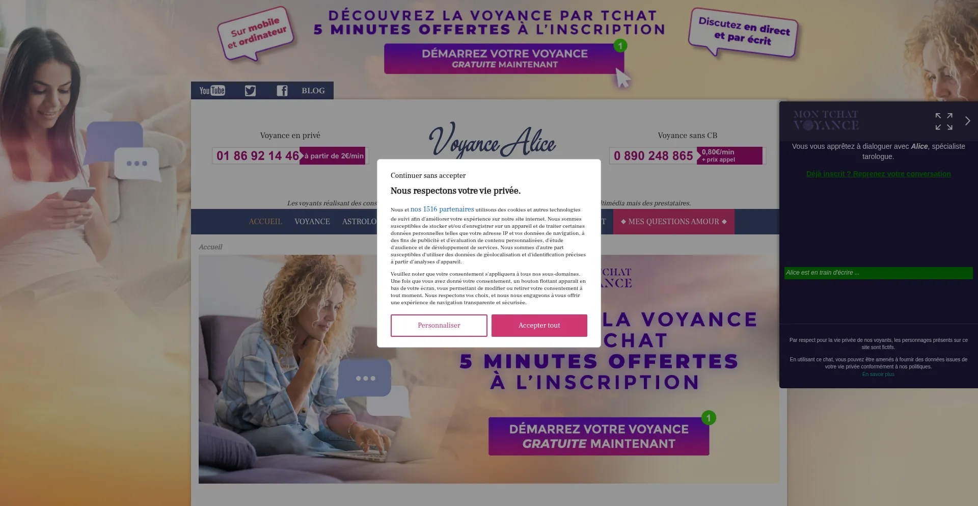 Website screenshot of Voyancealice.com
