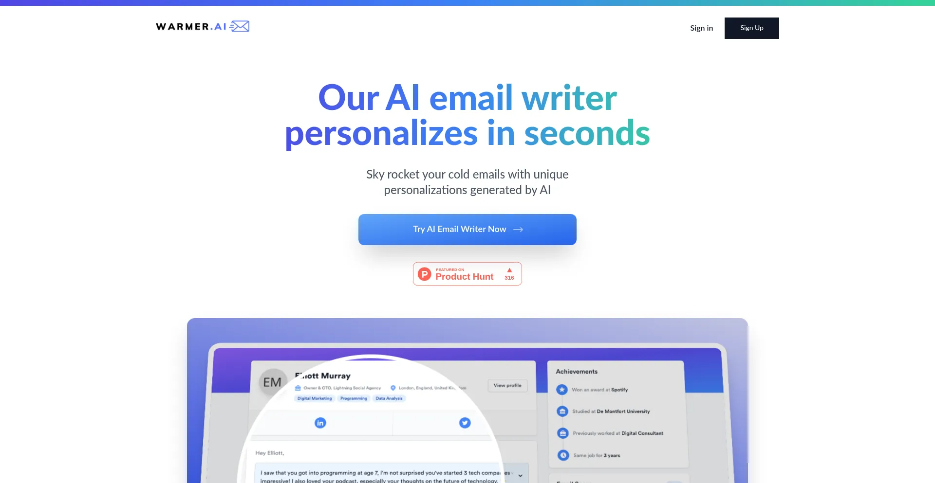 Website screenshot of Warmer.ai