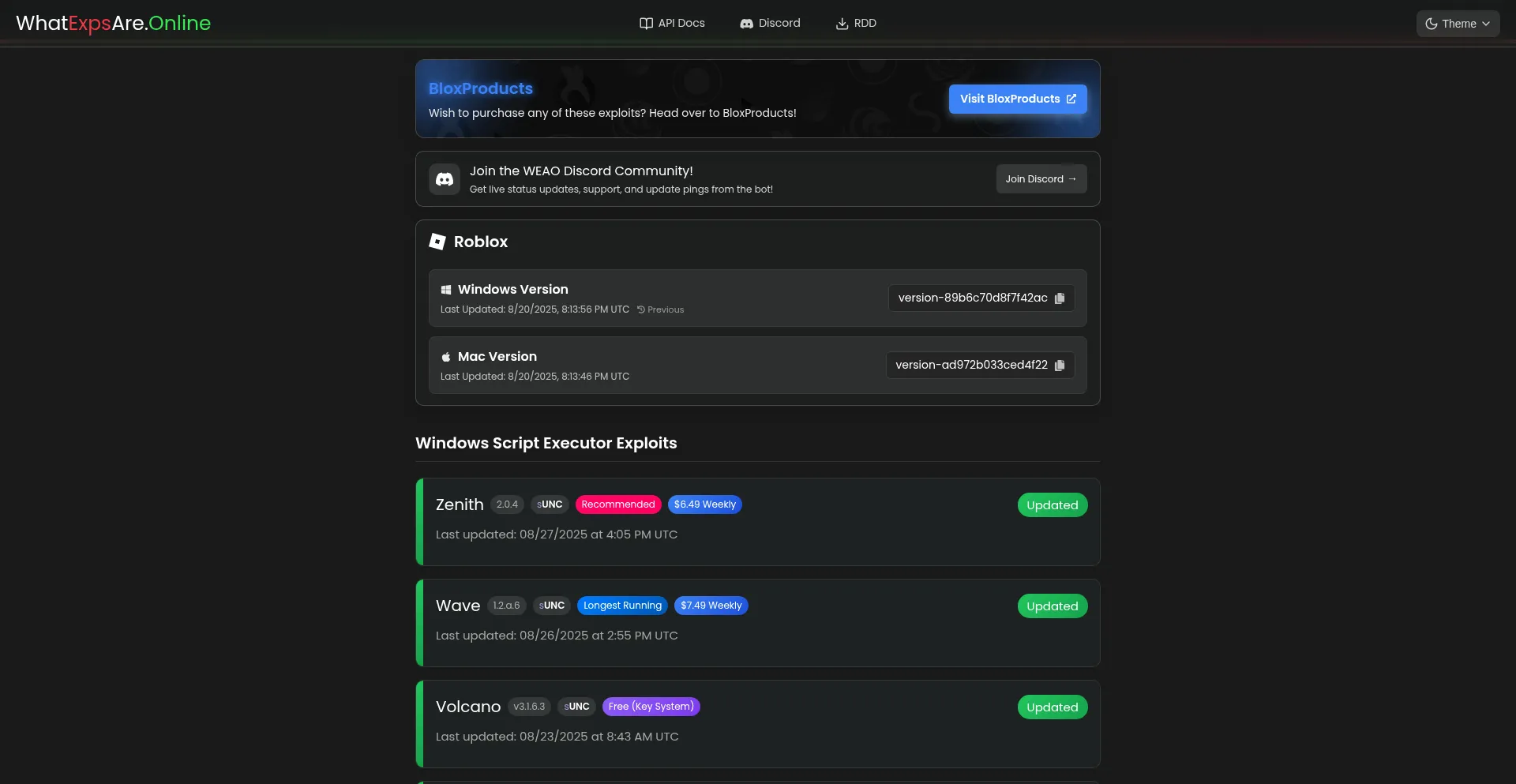 Website screenshot of Weao.xyz