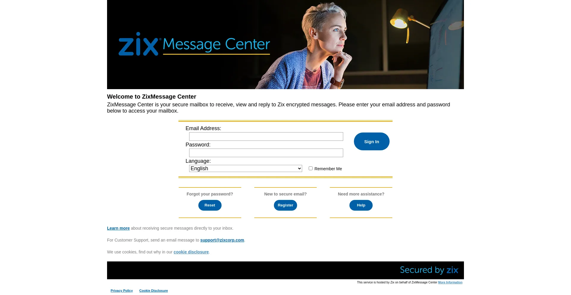 Website screenshot of Web1.zixmail.net