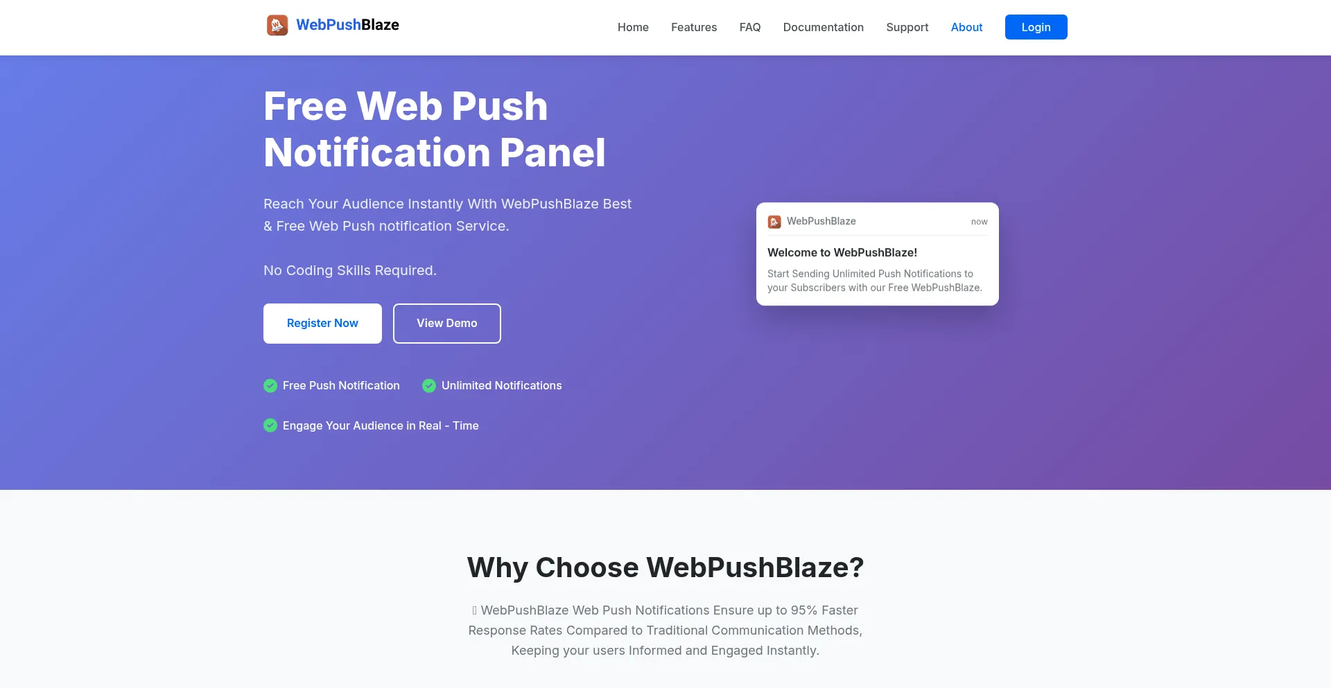 Website screenshot of Webpushblaze.com