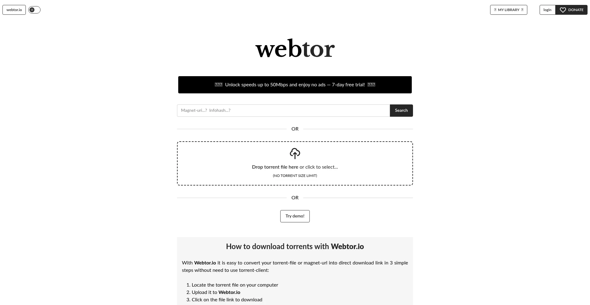 Website screenshot of Webtor.io