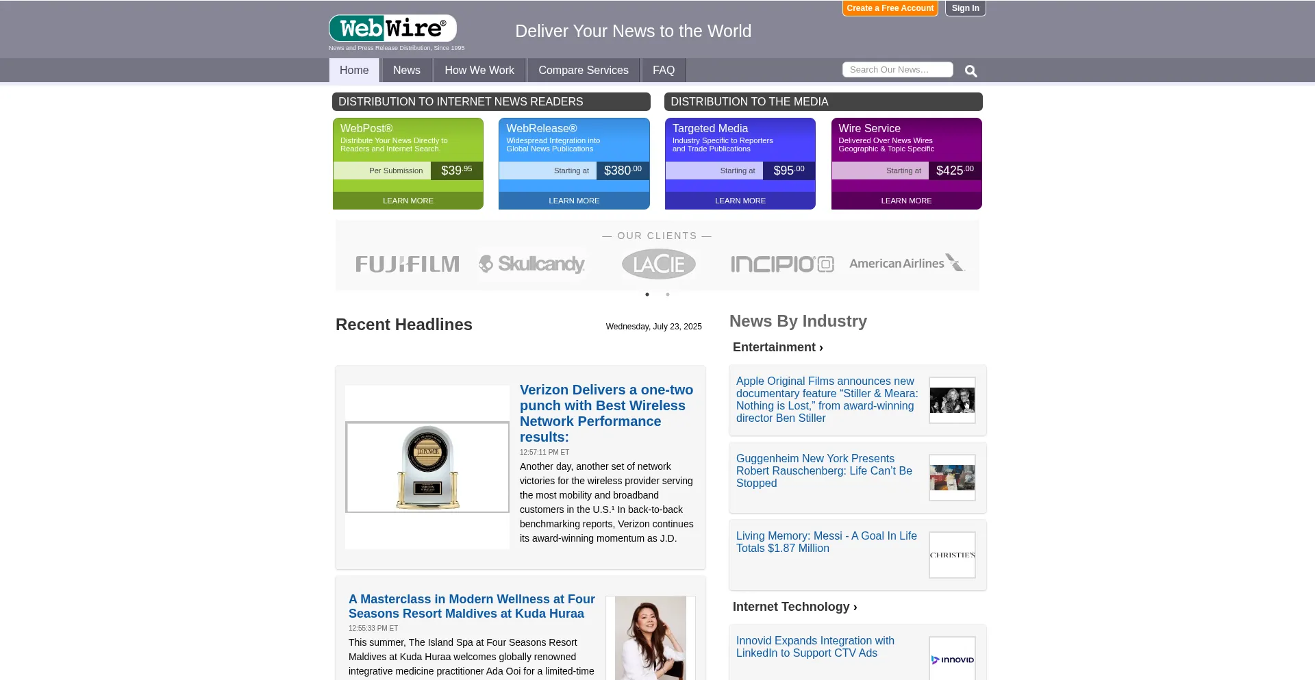 Website screenshot of Webwire.com