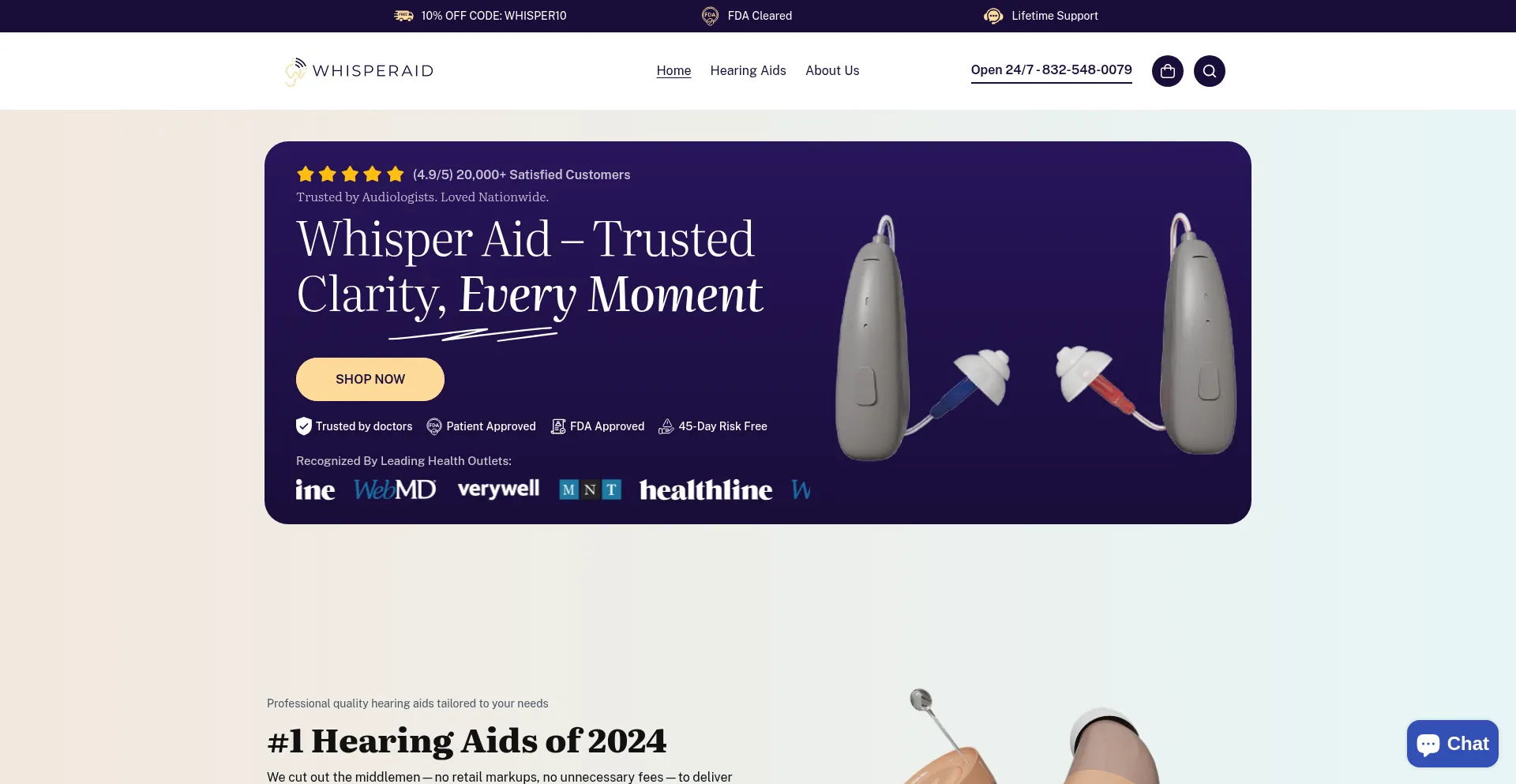 Website screenshot of Whisperaid.com