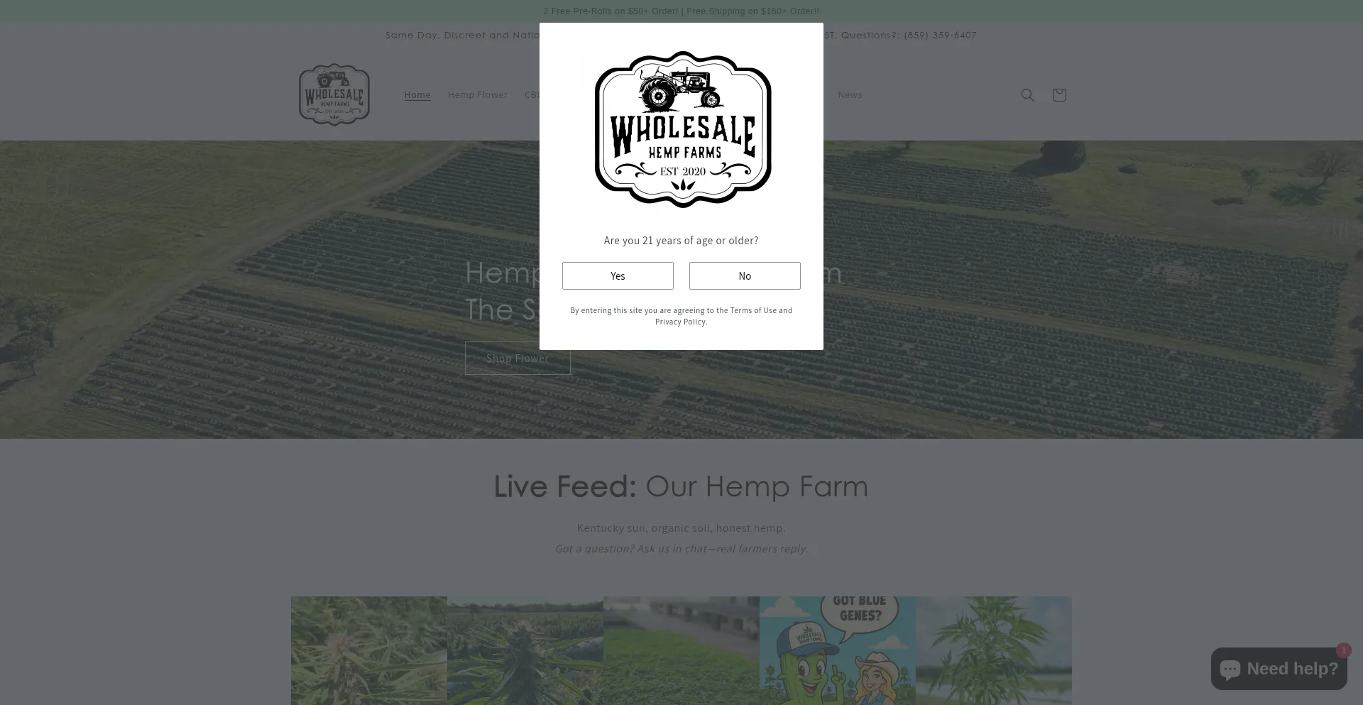 Website screenshot of Wholesalehempfarms.com