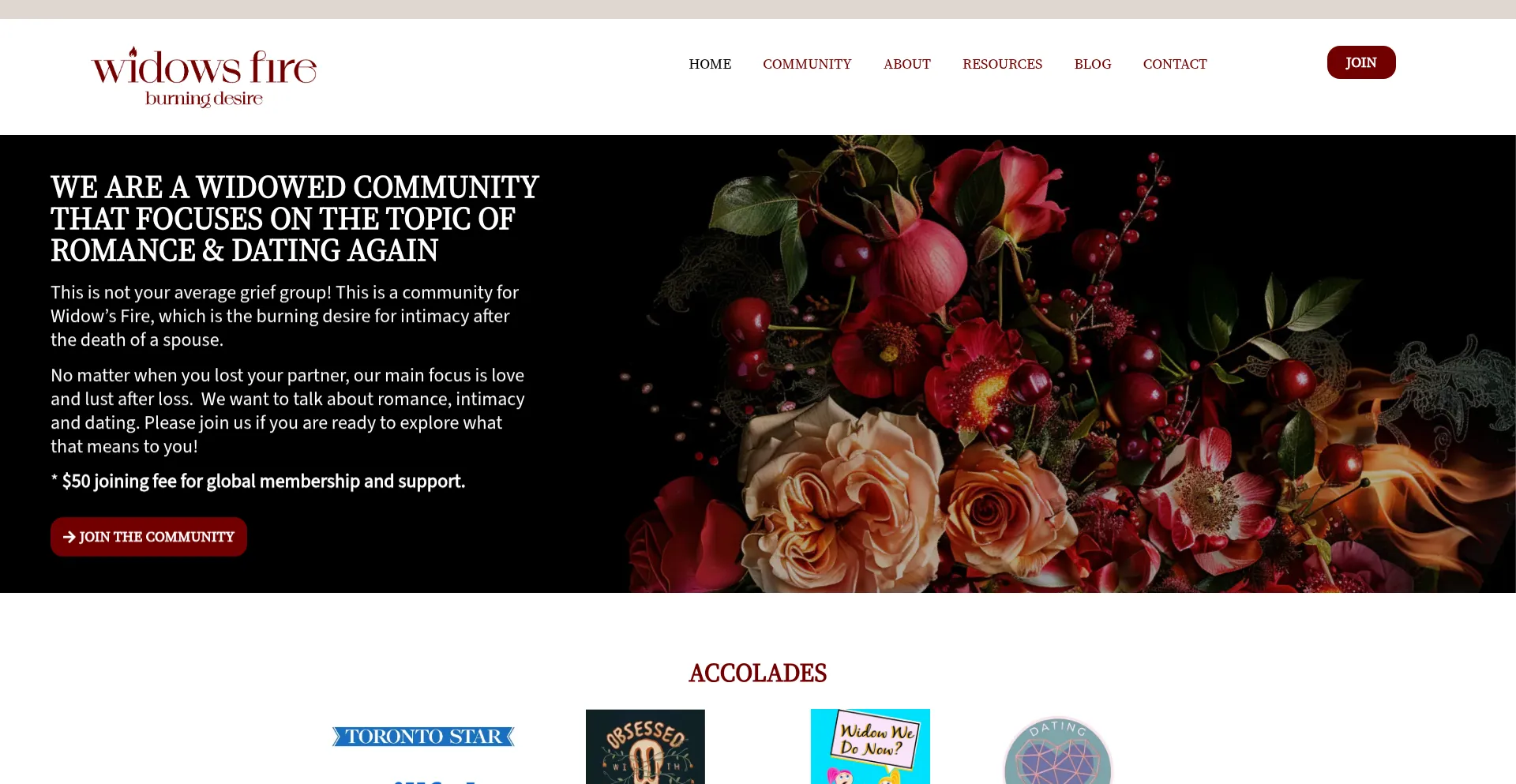 Website screenshot of Widowsfire.com