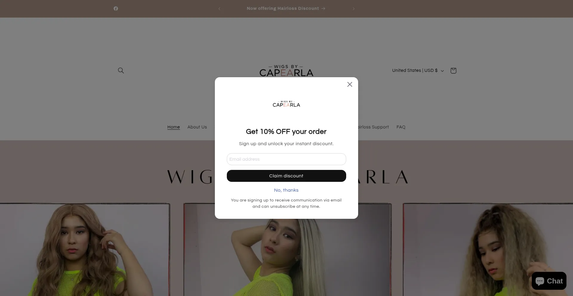 Website screenshot of Wigsbycapearla.com