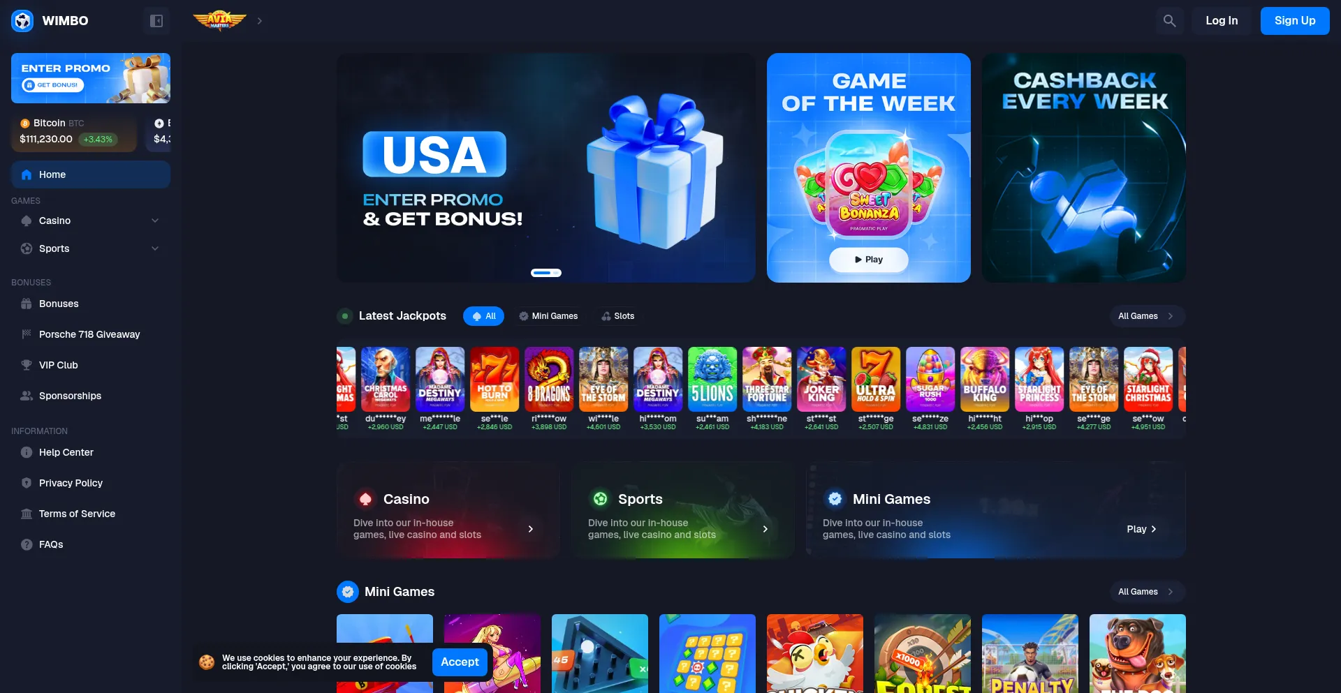 Website screenshot of Wimbo.bet