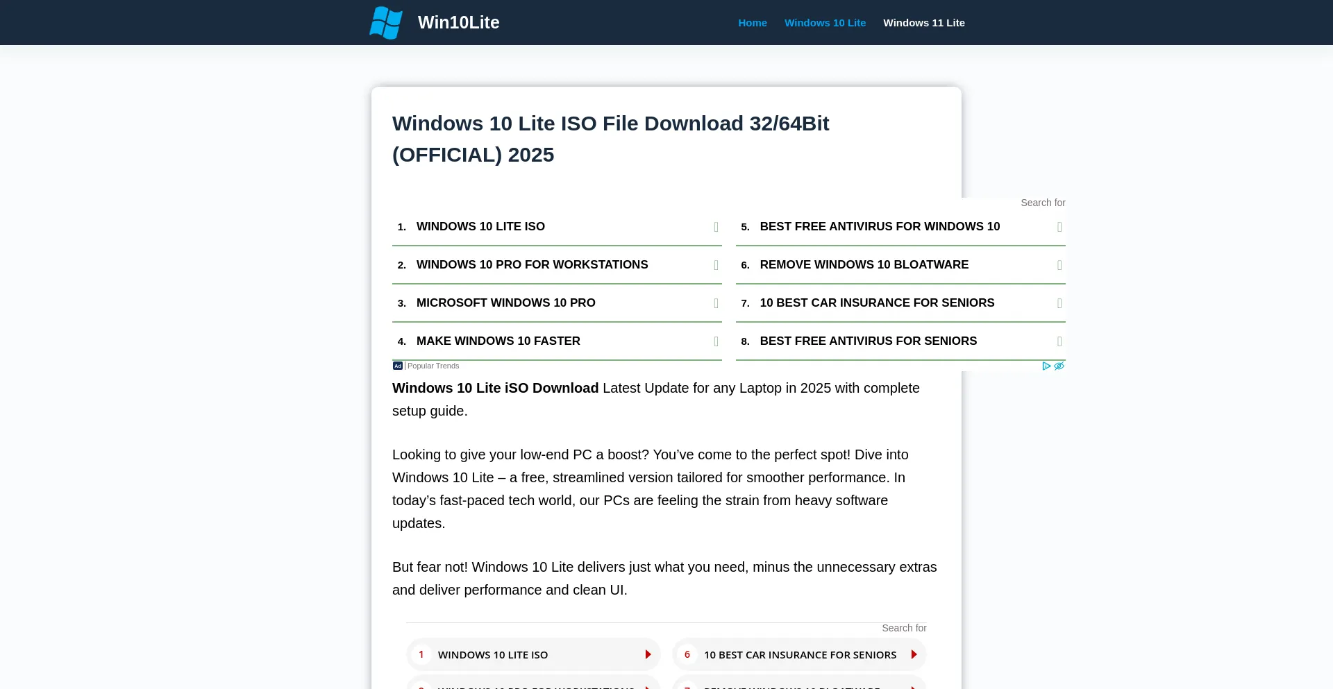 Website screenshot of Win10lite.com