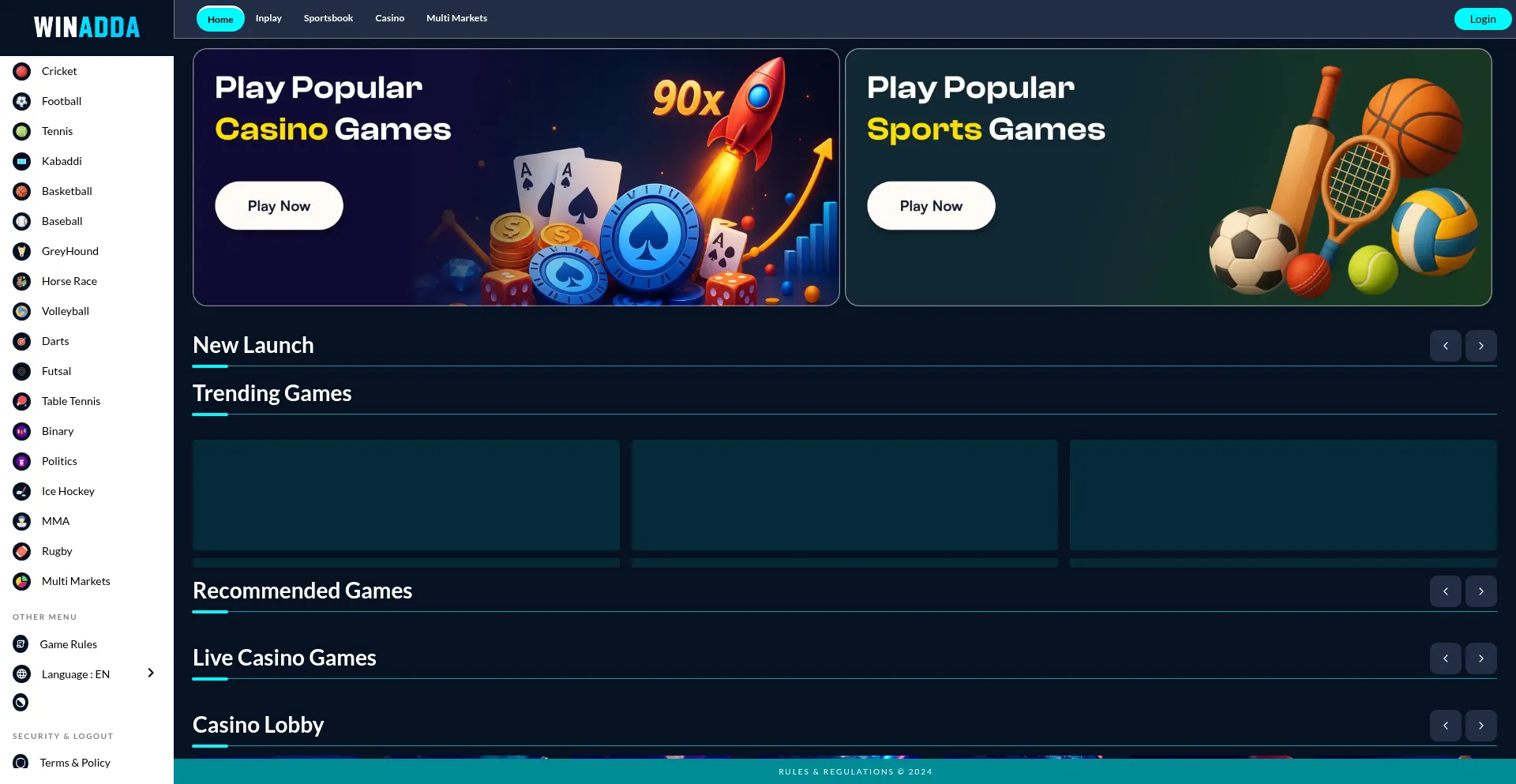 Website screenshot of Winadda.in
