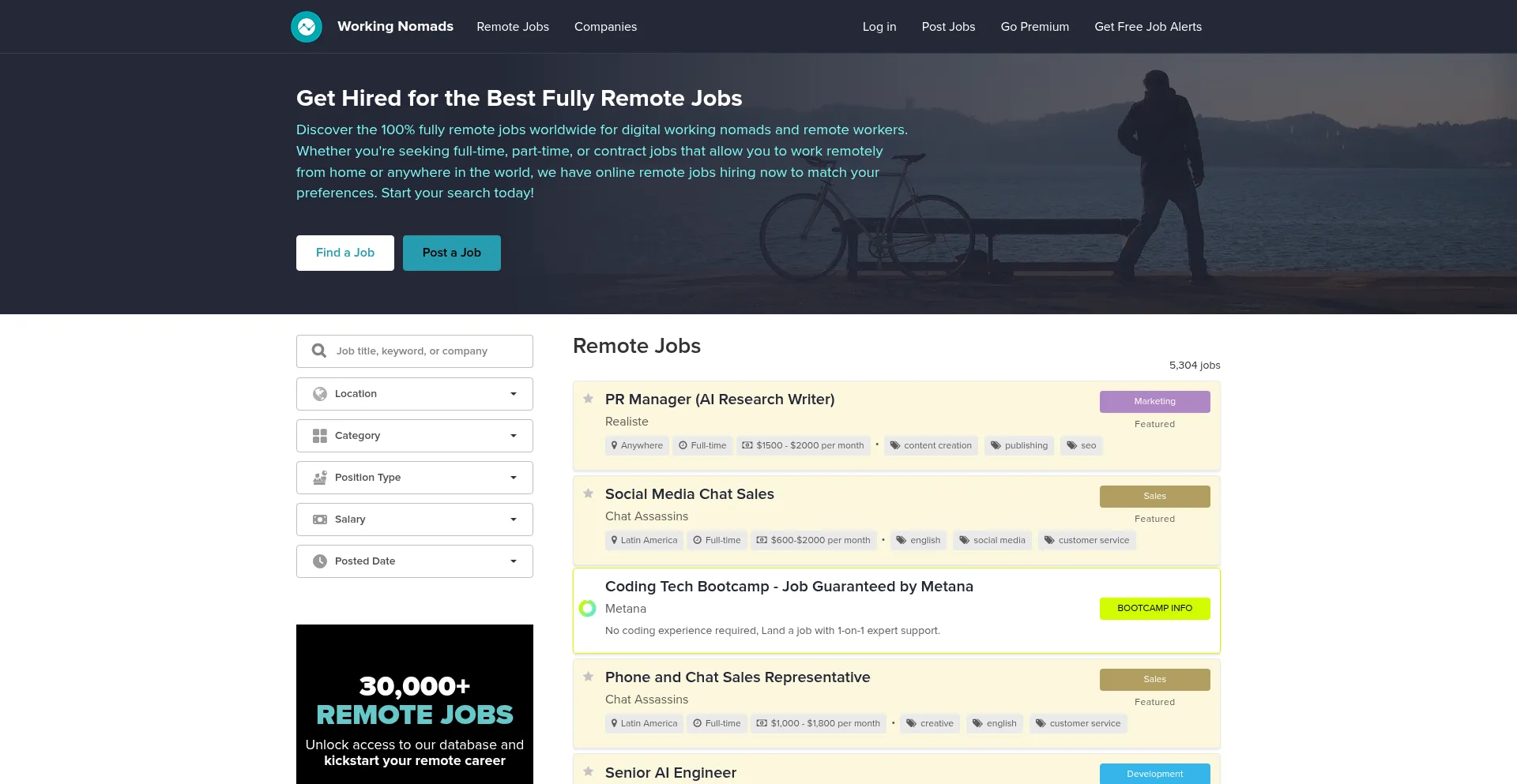 Website screenshot of Workingnomads.com